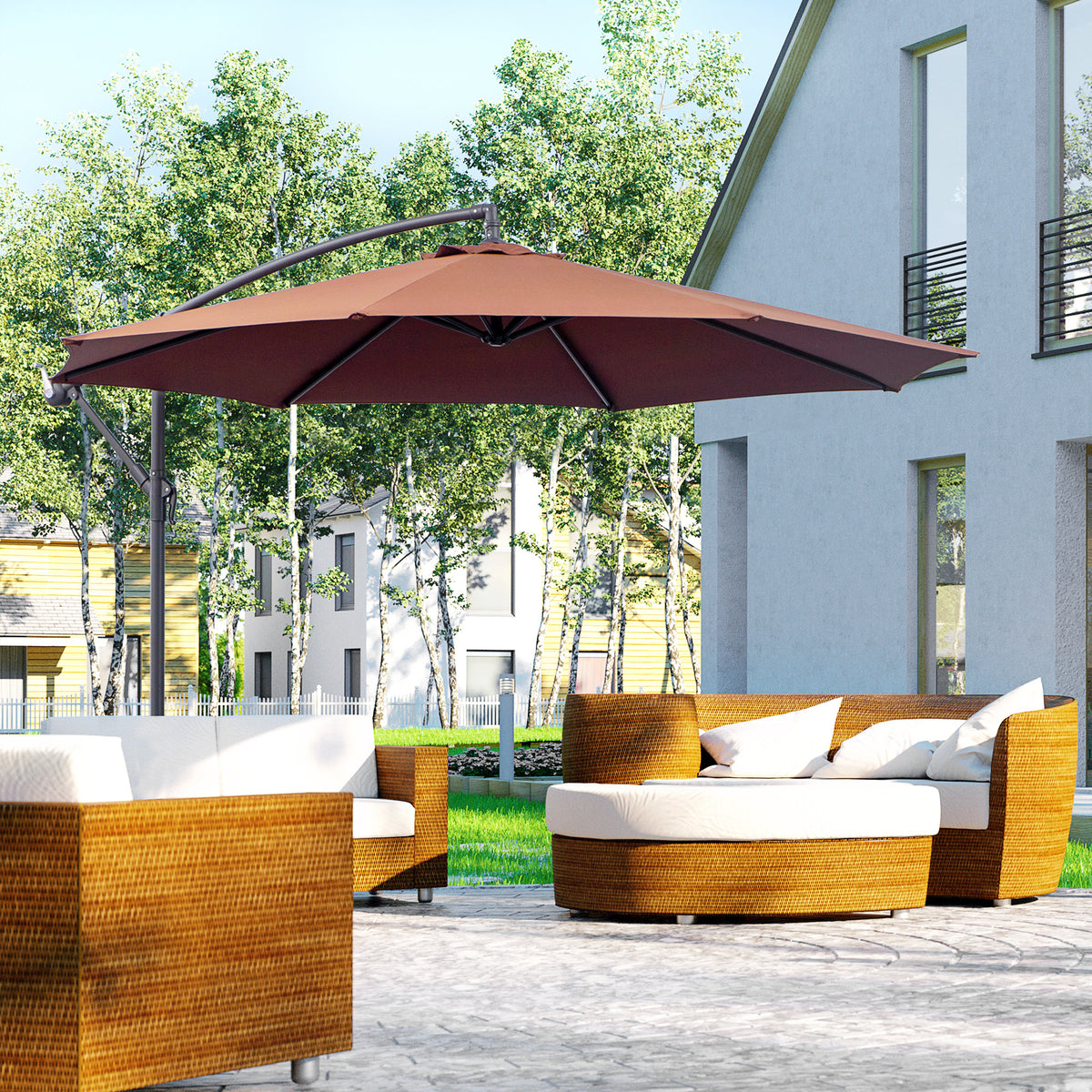 Outsunny 3m Hanging Umbrella Parasol, Cantilever Design, UV Protection, Adjustable Angle, Coffee