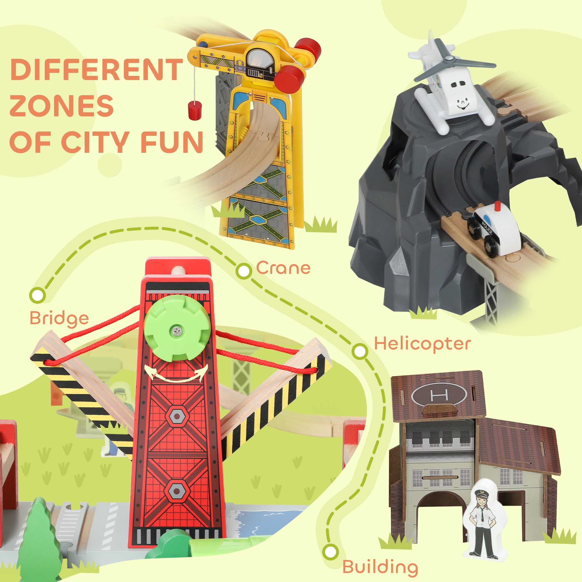 Kozy 100 Piece Wooden Train Set for Kids 3+ Years with Track, Crane, Battery Operated Train