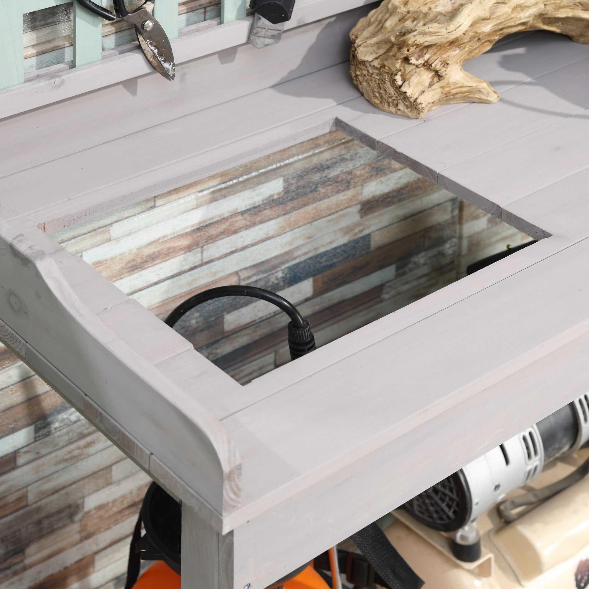 Kozy Garden Potting Table with Sink, Blackboard and Drawer, Wooden Planting Work Bench Workstation Outdoor Tool Storage Shelves