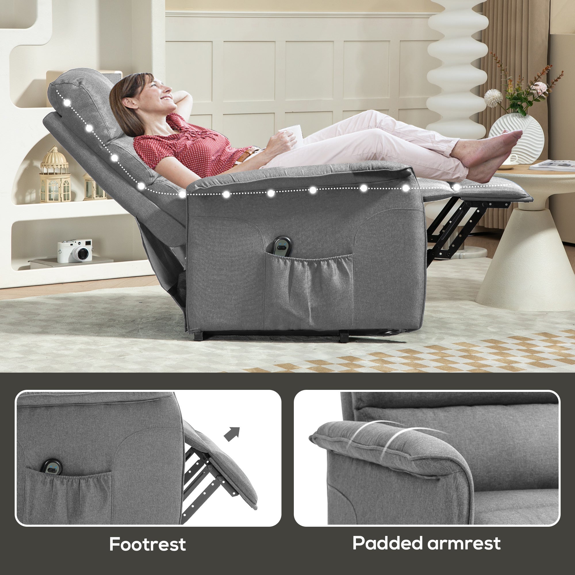 HOMCOM Electric Power Lift Recliner Chair with Spring Pack Seat, Fabric Recliner Armchair for Elderly w/ Footrest, Pockets | Aosom UK