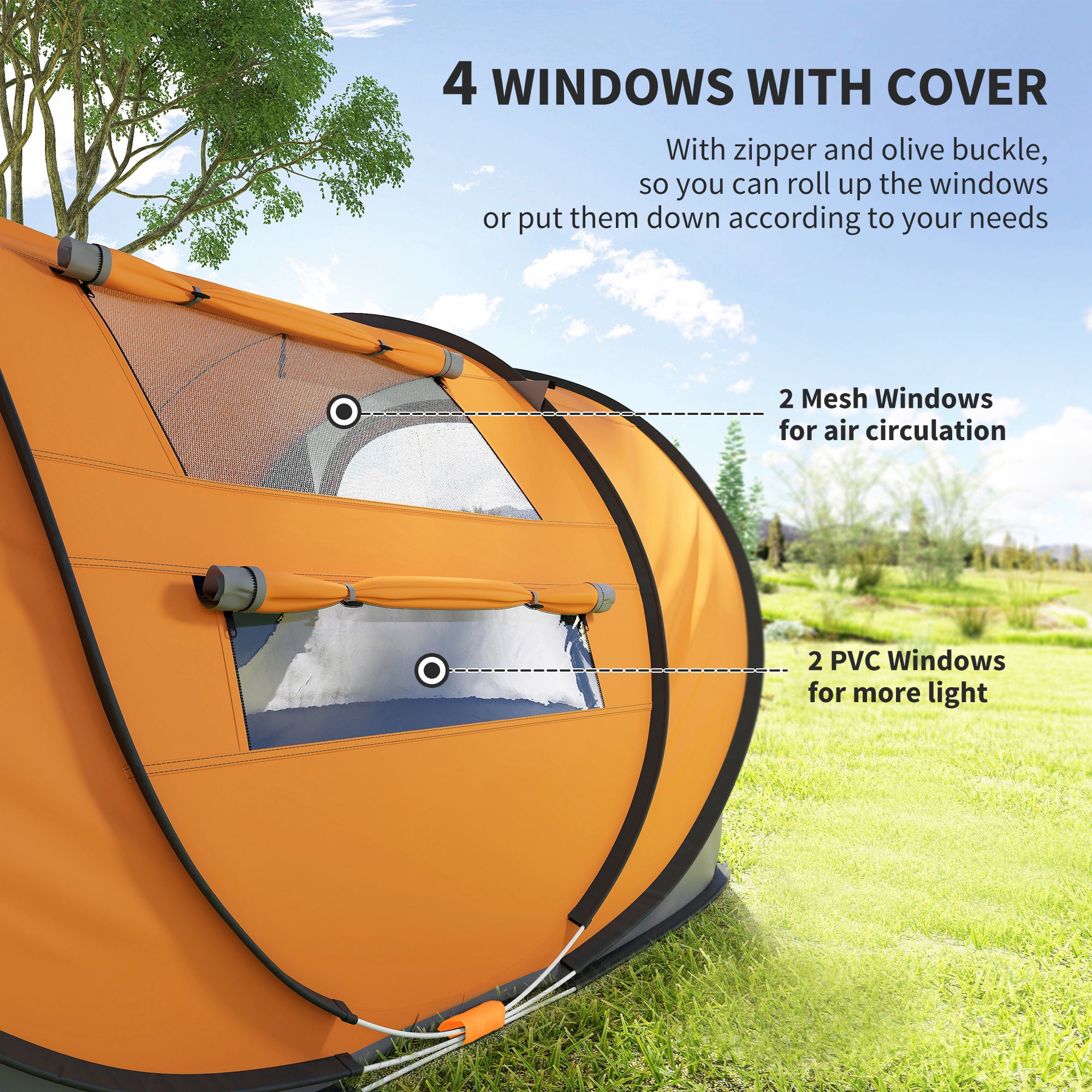 Kozy 4 Person Pop-up Camping Tent Family Tent with Ground Sheet, 4 Windows and Portable Carry Bag for Beach Outdoor Trip, Orange