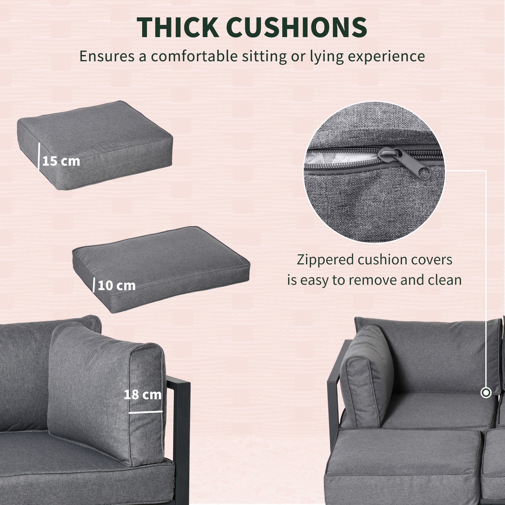 Kozy Garden Daybed, 6 Piece Outdoor Sectional Sofa Set, Aluminum Patio Conversation Furniture Set with Coffee Table, Footstool and Cushions, Grey