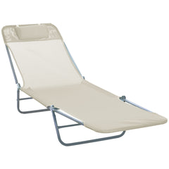 Kozy Outdoor Foldable Sun Lounger, Adjustable Backrest Garden Recliner Sun Lounger Chair with Headrest Pillow, Beige