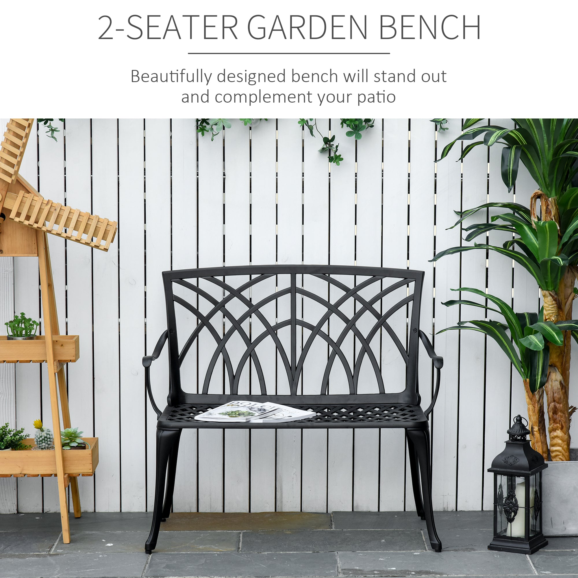 Kozy 2-Seater Cast Aluminium Garden Bench Loveseat Outdoor Furniture Chair w/ Decorative Backrest & Ergonomic Armrest for Patio Terrace Porch