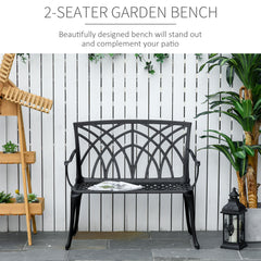 Kozy 2-Seater Cast Aluminium Garden Bench Loveseat Outdoor Furniture Chair w/ Decorative Backrest & Ergonomic Armrest for Patio Terrace Porch