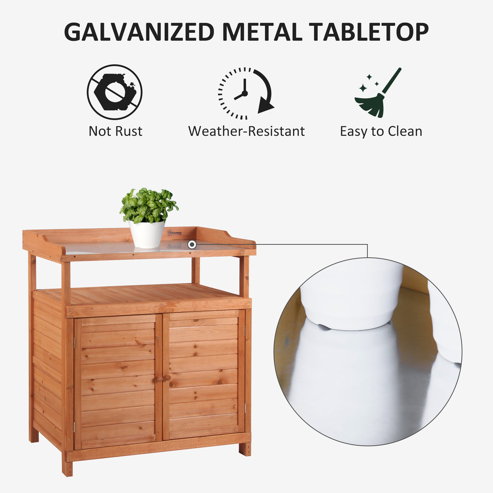 Kozy Multi-function Potting Bench Table w/ Storage Cabinet and Galvanized Table Top, Wooden Planting Workstation, 98cm x 47cm x 105cm