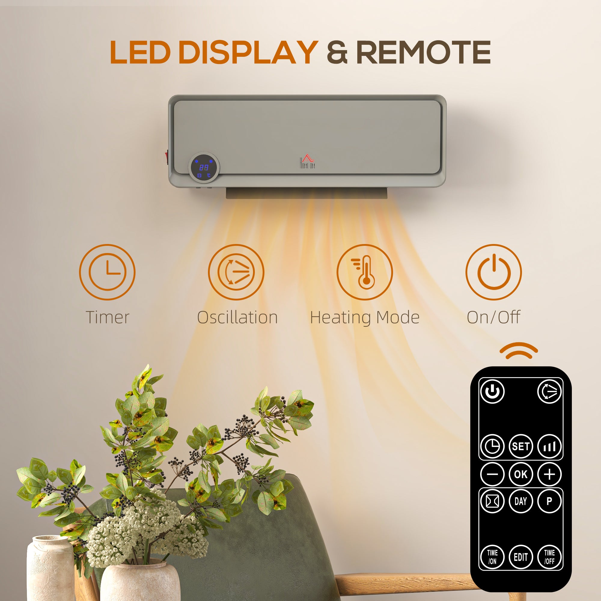 Kozy - Wall Downflow Heater 2 Heat and Fan 1000W/2000W, Electric Space Heater with Timer Remote Oscillating, for Bedroom Home Office, Grey
