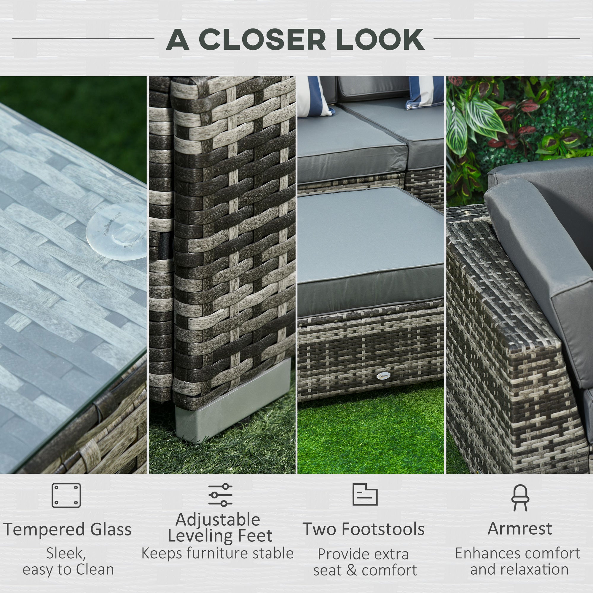 Kozy 6 PC Rattan Sofa Coffee Table Set Sectional Wicker Weave Furniture for Garden Outdoor Conservatory w/ Pillow Cushion Grey