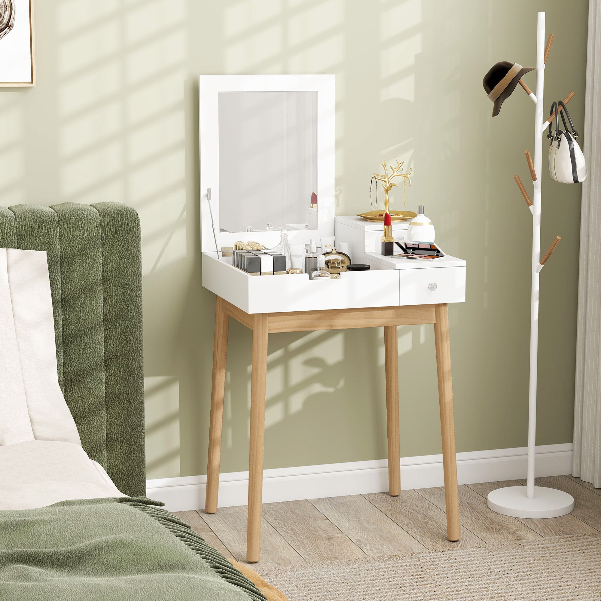 Kozy Dressing Table with Flip-up Mirror, Makeup Desk with 2 Drawers and Pine Wood Legs, Vanity Table Writing Desk for Bedroom Living Room, White