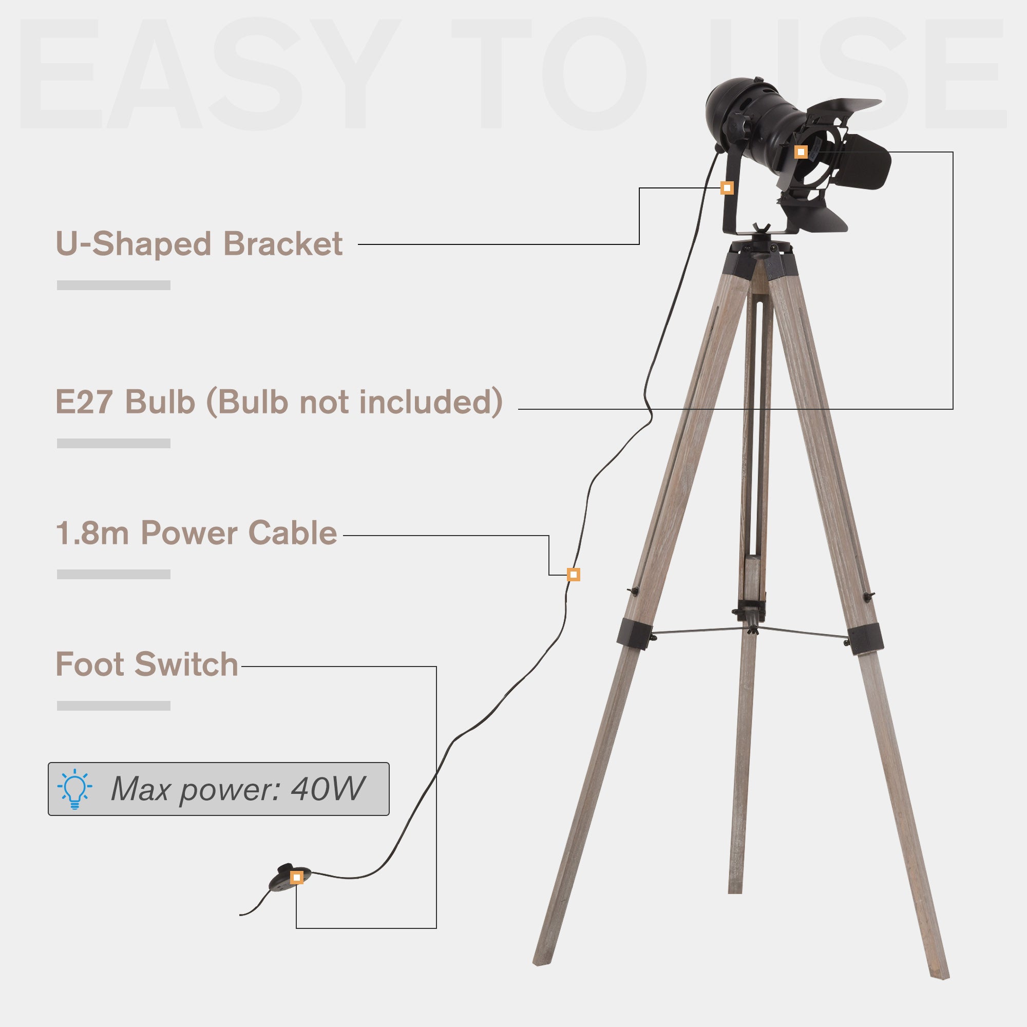 Kozy Industrial Style Adjustable Tripod Floor Lamp Vintage Spotlight Reading Lamp w/ Wood Metal Legs E27 Base For Living Room Bedroom, 100-140cm, Natural