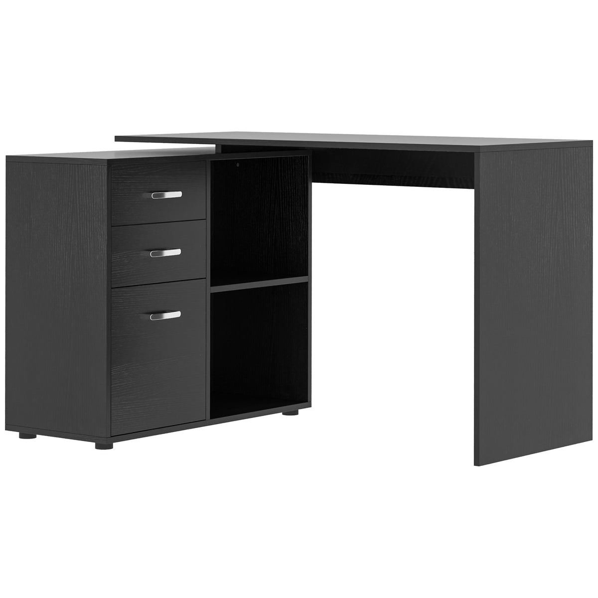 Kozy L Shaped Computer Desk, Reversible Home Office Desk with Drawers, File Cabinet and Storage Shelves, Study Table, 117 x 83.5 x 76cm, Black