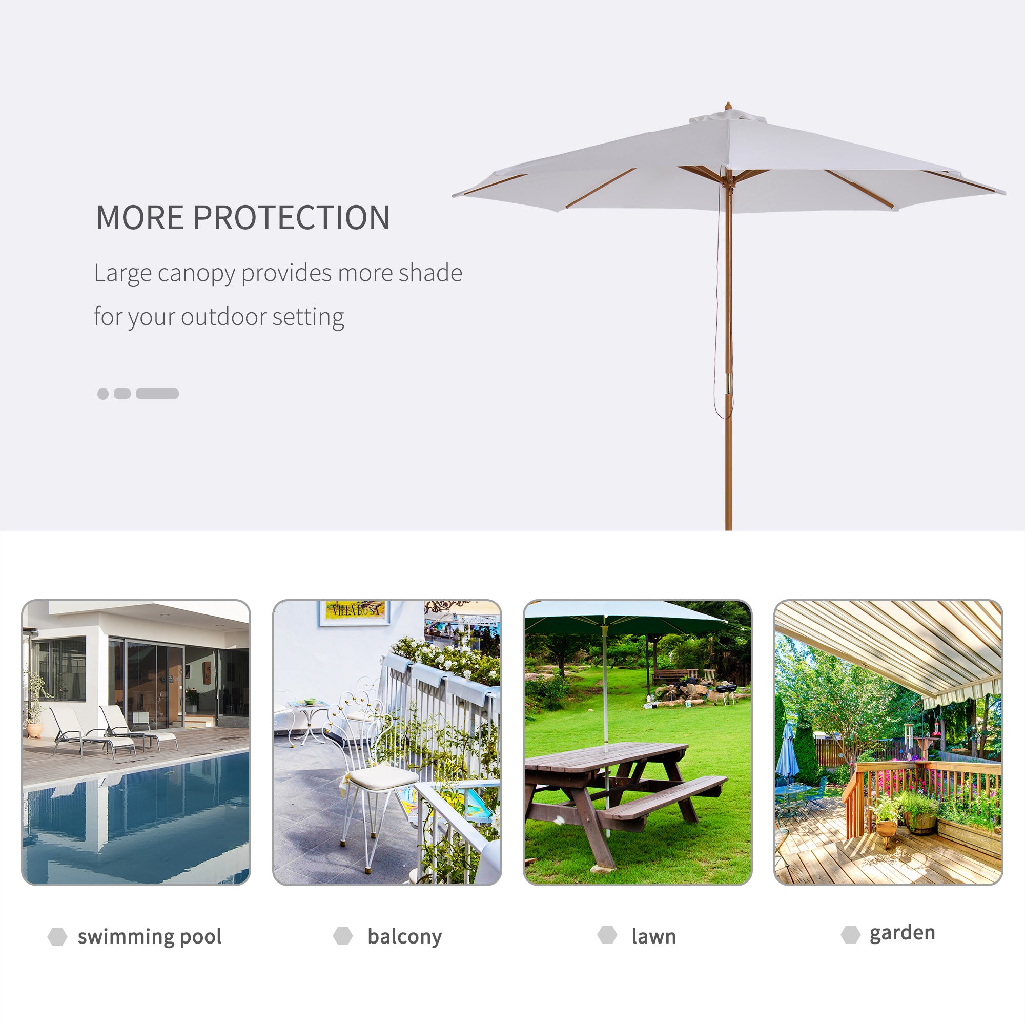 Kozy 3(m) Garden Parasol, Pulley Operated Patio Umbrella, Wooden Table Market Umbrella with Rope Pulley Mechanism and 8 Ribs, Cream White