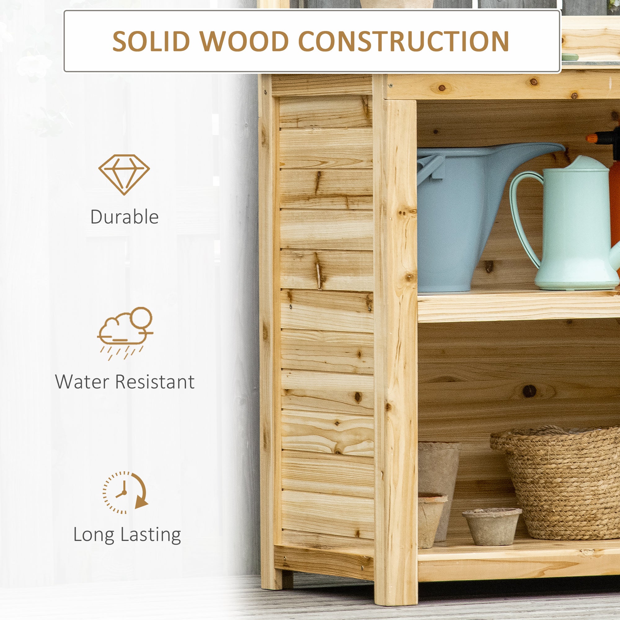 Kozy Garden Potting Bench Table, Wooden Workstation Bench w/ Galvanized Metal Tabletop, Storage Shelves and Hooks, Natural