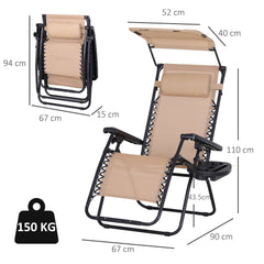 Outsunny Outdoor Zero Gravity Recliner Chair with Canopy Shade and Cup Holder, Folding Patio Sun Lounger, Beige | Aosom UK
