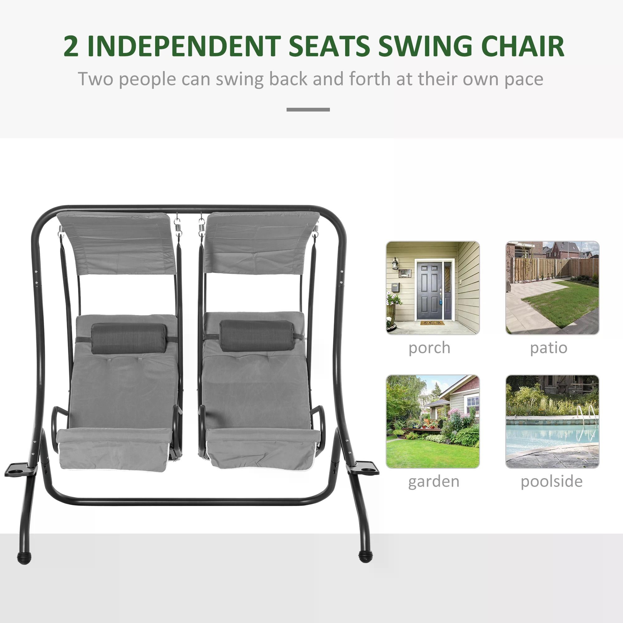 Kozy Canopy Swing 2 Separate Relax Chairs w/ Handrails and Removable Canopy Grey