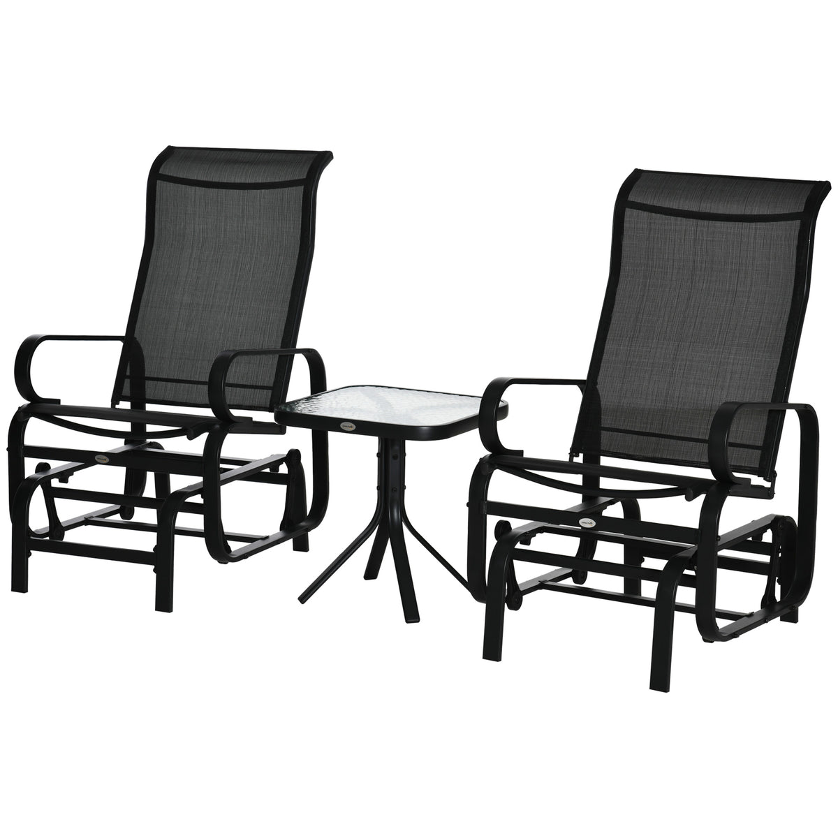 Kozy 3 Pieces Garden Gliding Chair Set, Metal Frame 2 Single Armchair Swing Seater and 1 Glass Top Coffee Table w/ Breath Mesh Fabric Seat, Black