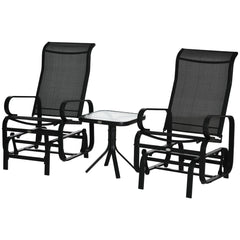 Kozy 3 Pieces Garden Gliding Chair Set, Metal Frame 2 Single Armchair Swing Seater and 1 Glass Top Coffee Table w/ Breath Mesh Fabric Seat, Black