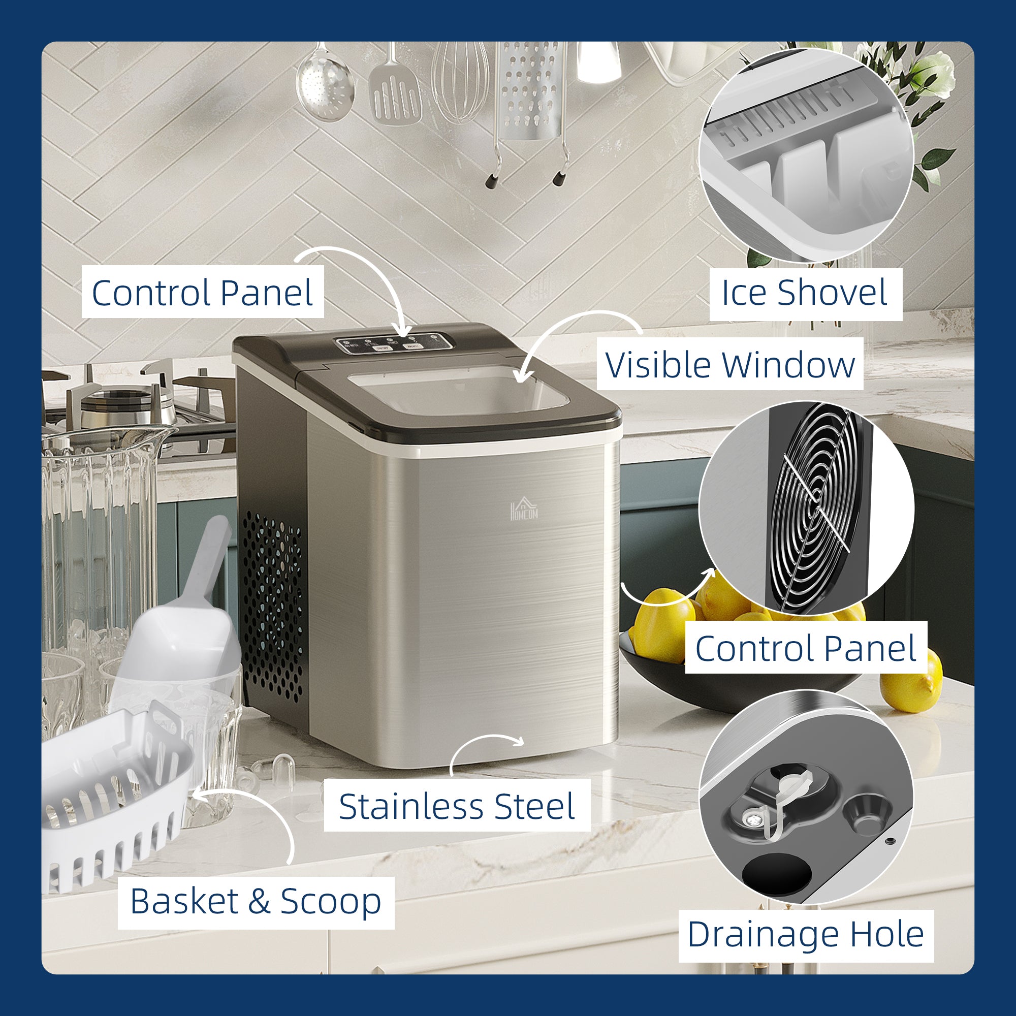 Kozy Ice Maker Machine Countertop, 9 Ice Cubes in 8 Mins, 12KG in 24Hrs, Self-Cleaning Portable Ice Cube Maker w/ Adjustable Ice Size, Ice Scoop, Basket, Stainless Steel, No Plumbing Required, Black