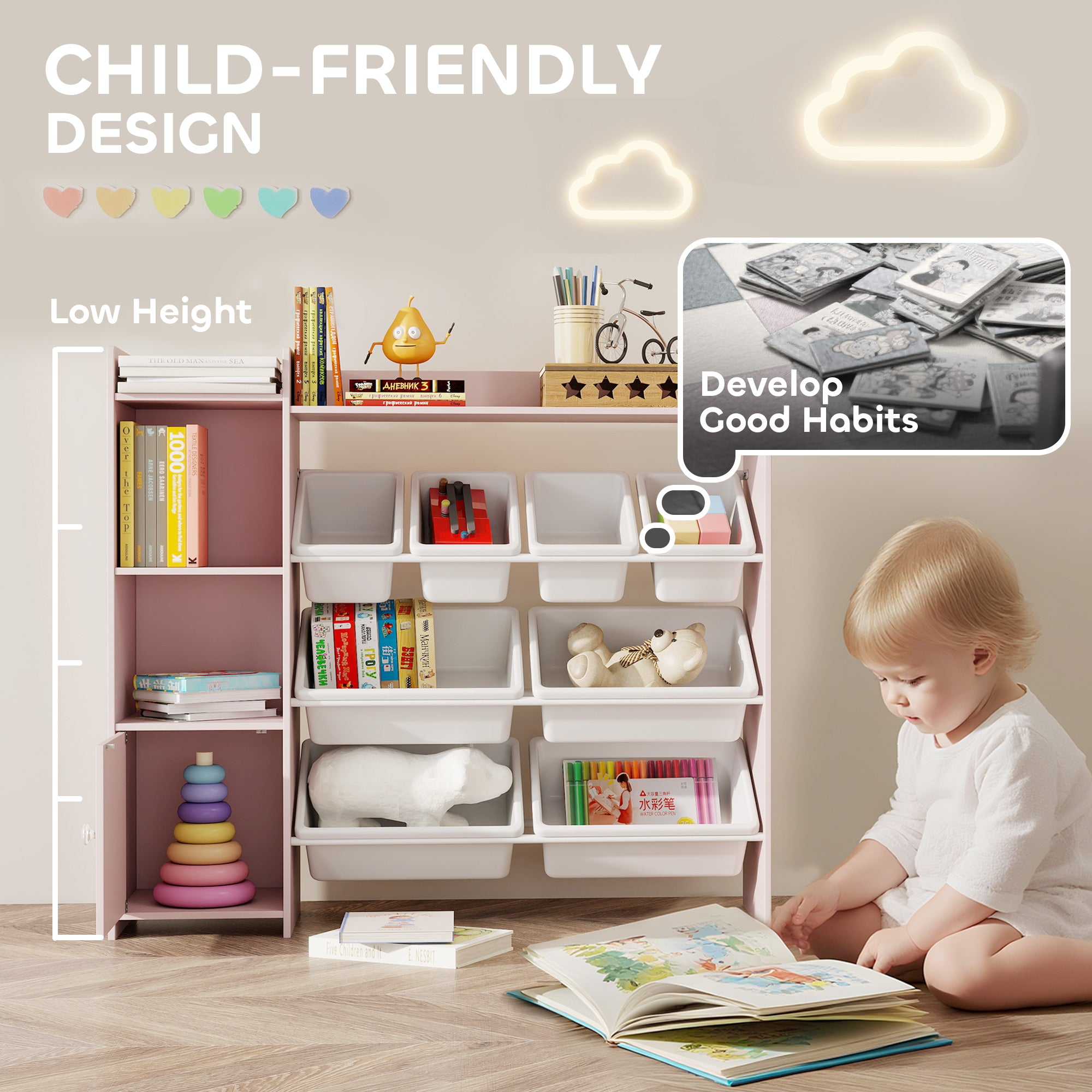 Kozy Toy Storage Unit with 8 Removable Bins, Storage Shelves, Cabinet, Pink