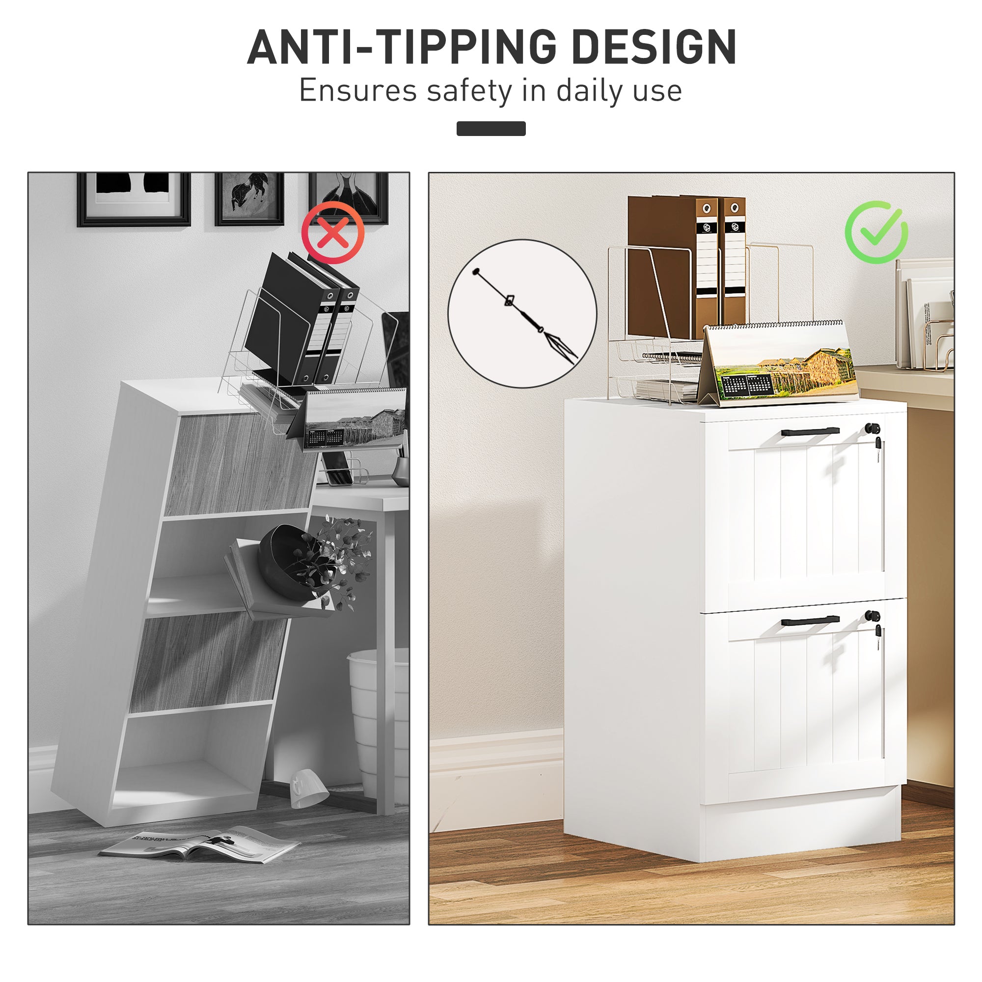 Kozy 2 Drawer Filing Cabinet with Lock, Office Storage Cabinet with Adjustable Hanging Bars for A4 Letter Size Files, White