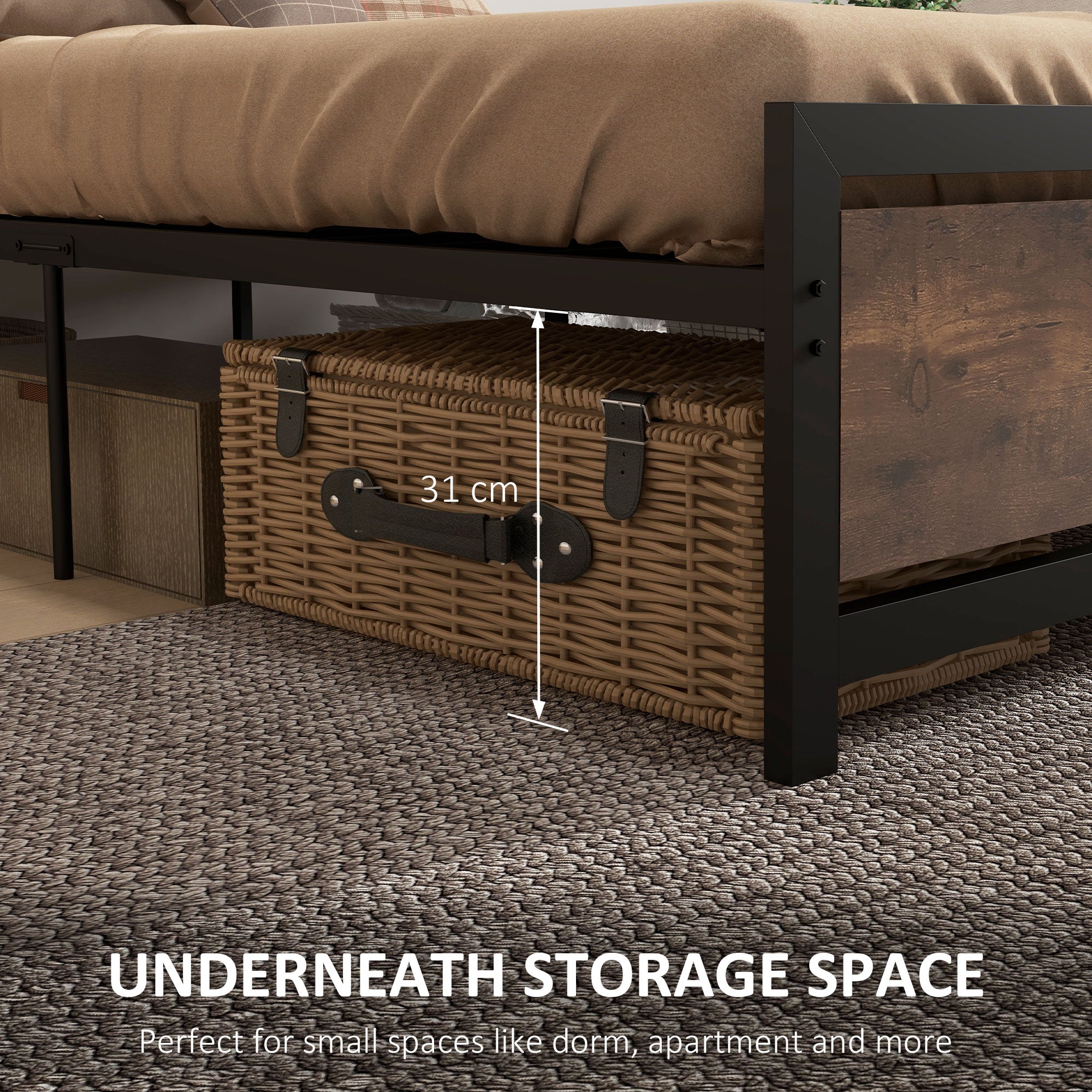 Kozy Single Size Metal Bed Frame with Headboard & Footboard, Strong Slat Support Solid Bedstead Base w/ Underbed Storage Space, Bedroom Furniture For Adults