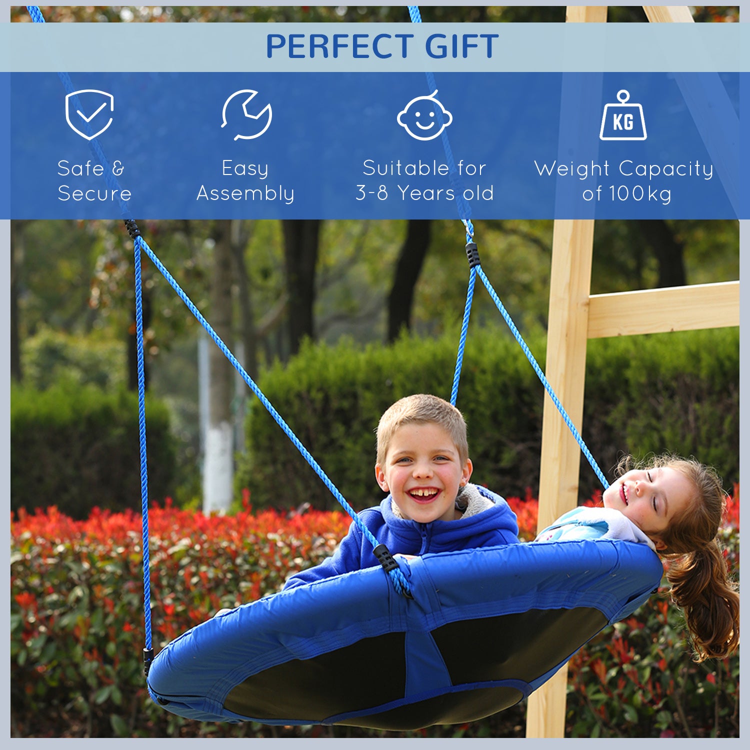 HOMCOM 40 Inch / 100 cm Tree Swing Round Kids Nest Swing Seat for Outdoor Backyard Garden Play Activity Blue