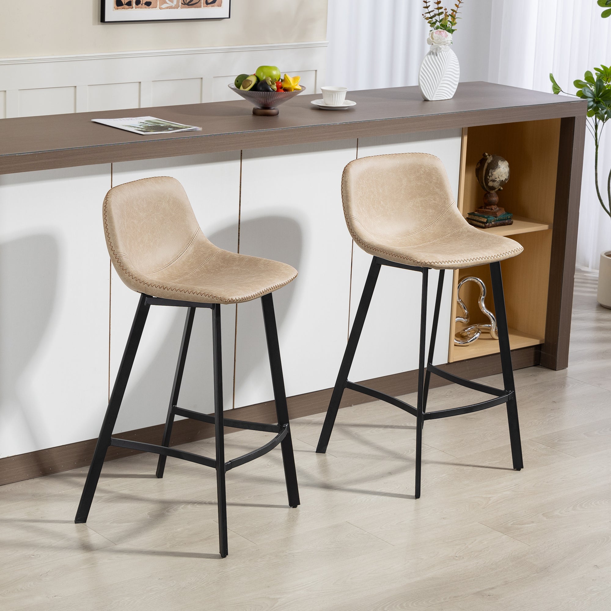 Kozy Bar Stools Set of 2, PU Leather Dining Stools with Backrest, Footrest, for Kitchen, Counter, Breakfast Bar, Light Brown