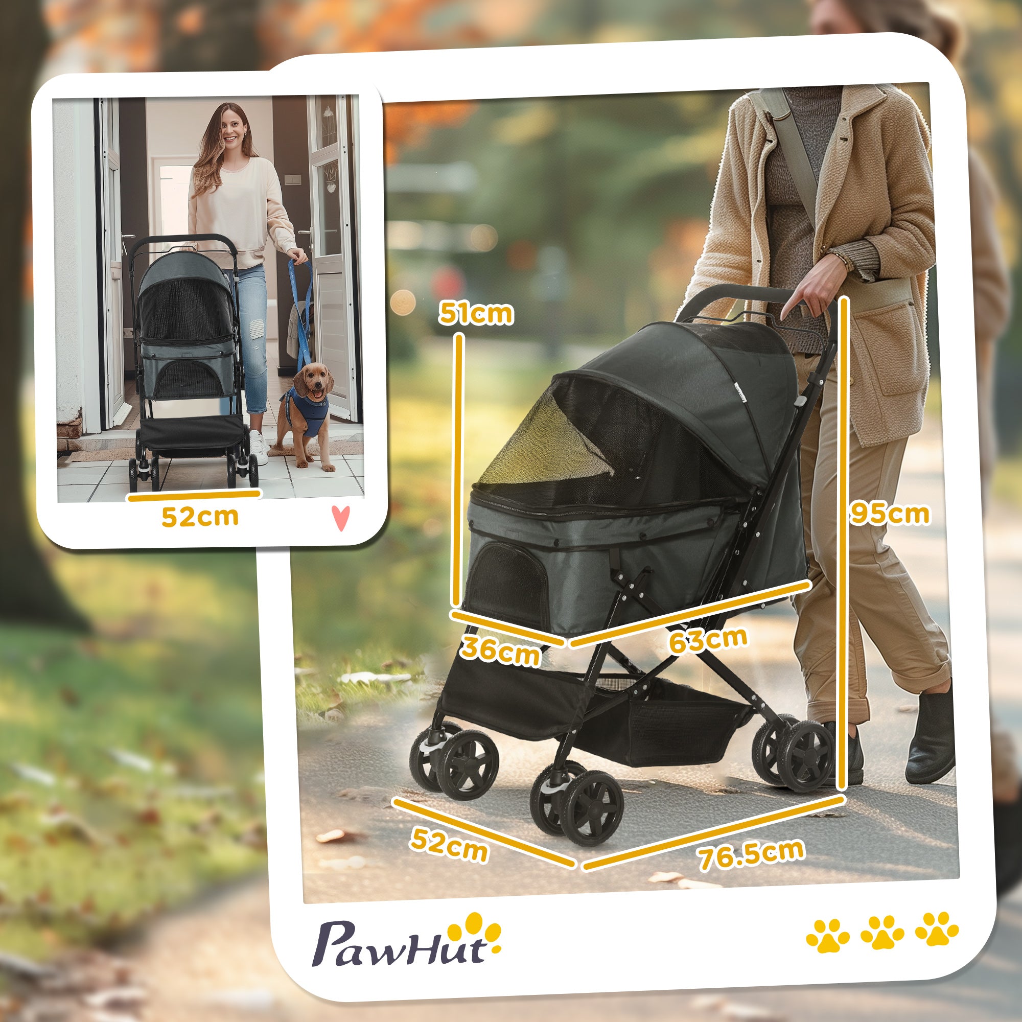 Kozy Pet Stroller Pushchair Foldable Travel Dog Cat Carriage w/ Reversible Handle Brake Basket