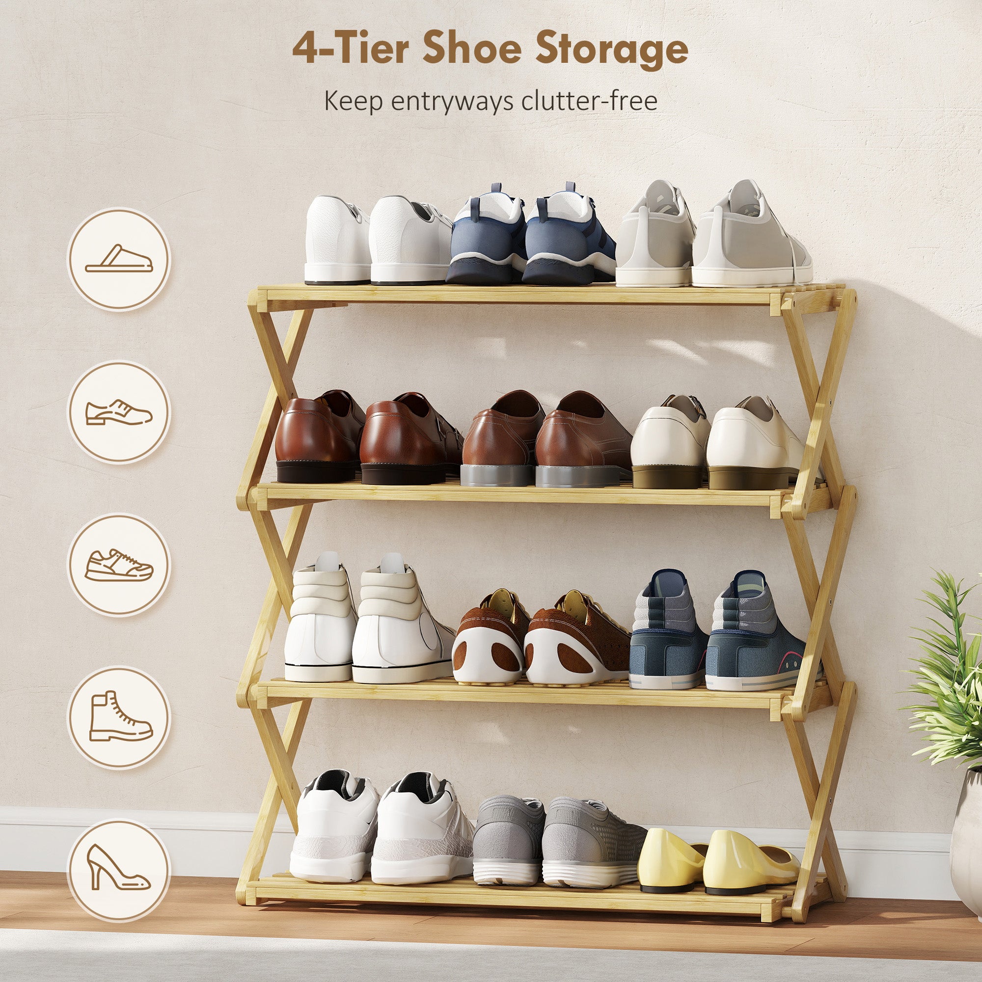 Kozy 4-Tier Bamboo Shoe Rack, No Assembly - Natural