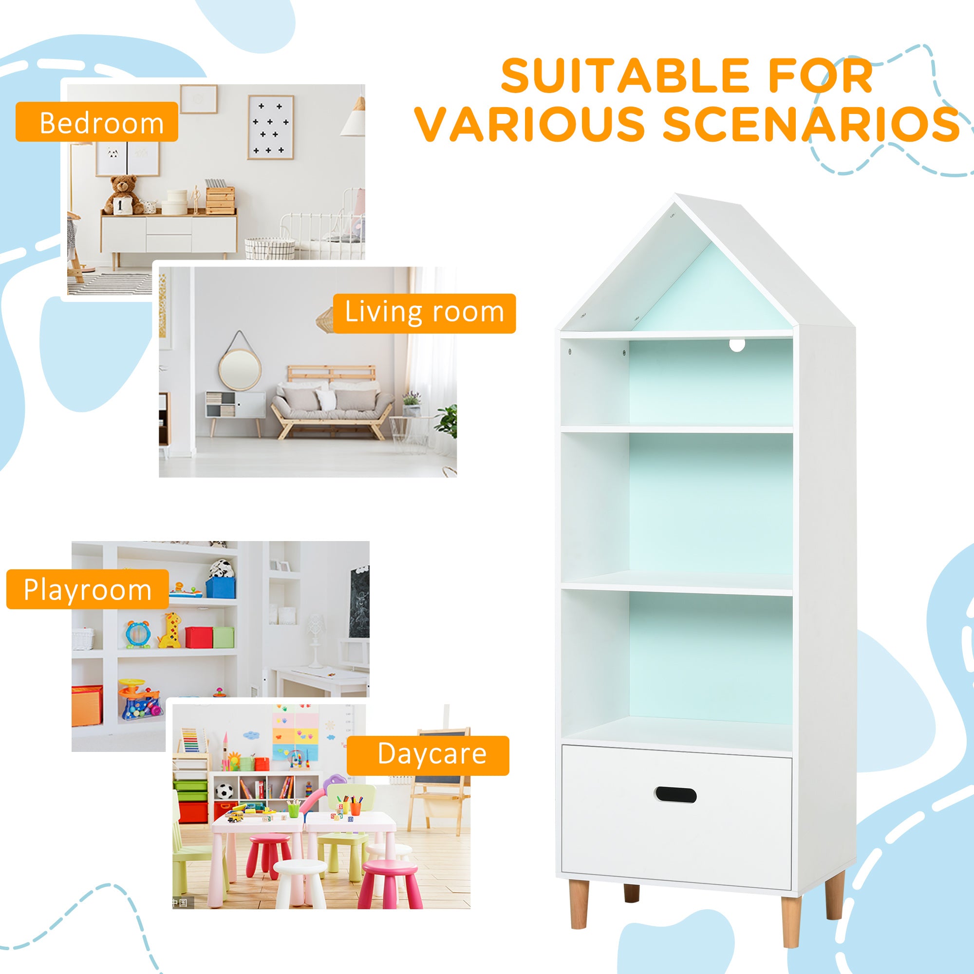 Kozy Kids Children Wooden Bookcase w/Drawer Bedroom Furniture Bookshelf Storage Rack Display Unit Toys Games Organisation Cabinet Pink Blue Back Panel 50 x 30 x 142 cm