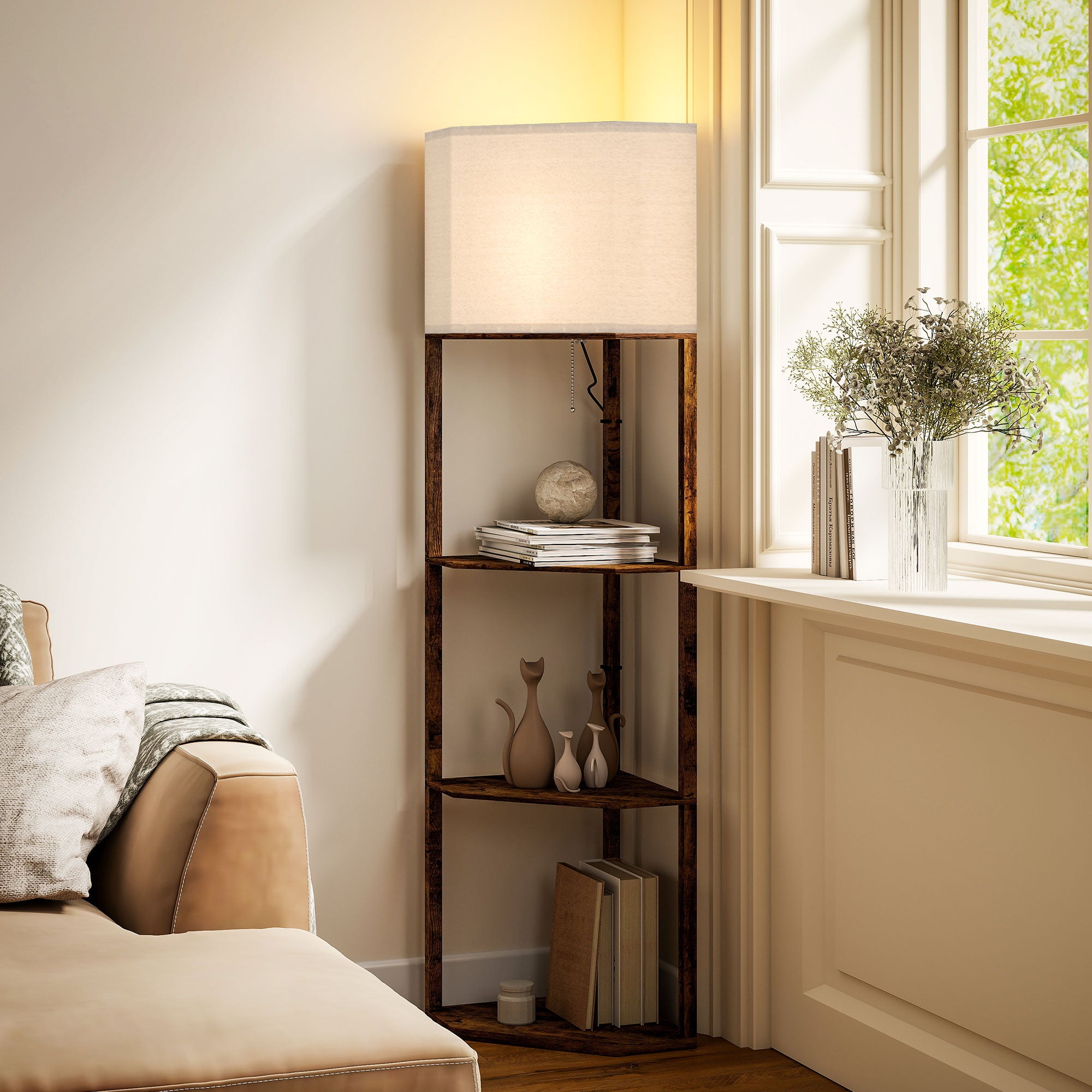 Kozy Corner Floor Light, with Shelves - Wood-Effect