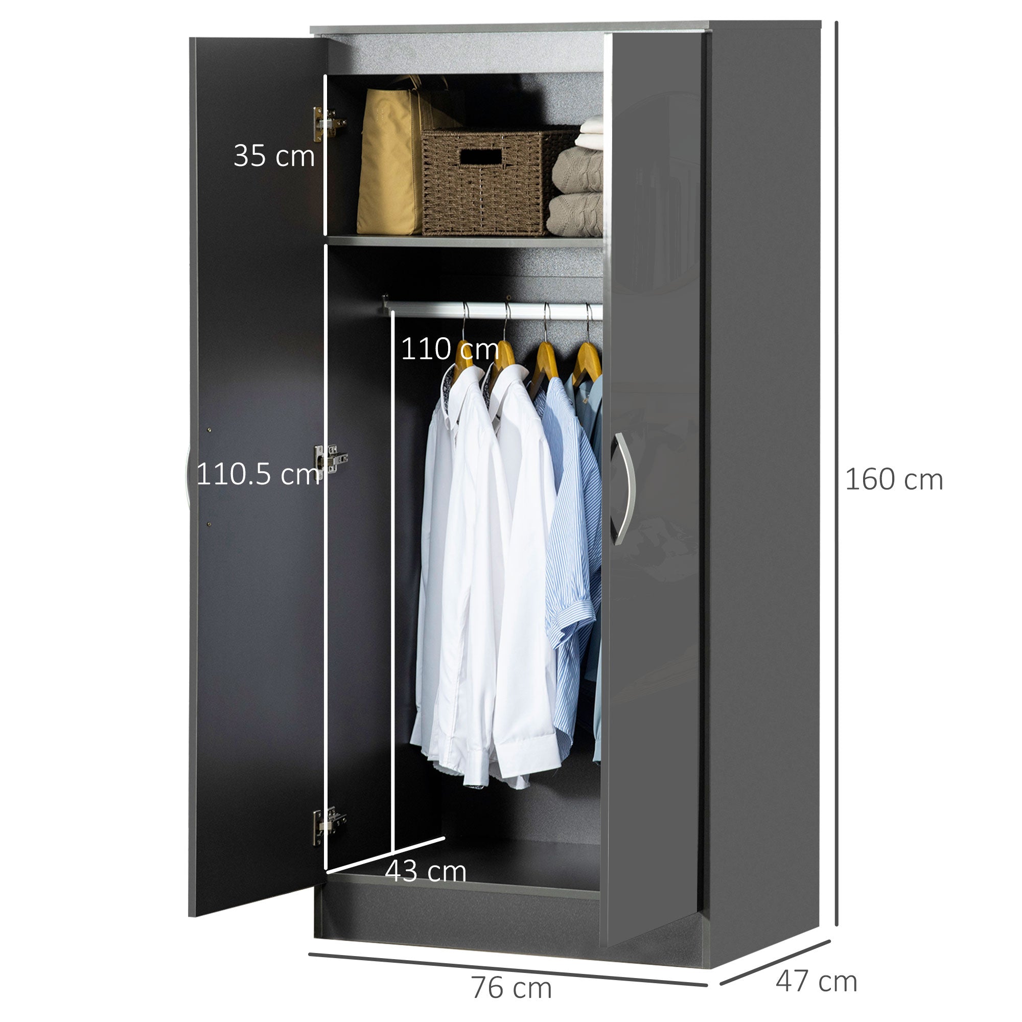 Kozy High Gloss Wardrobe, 2 Door Wardrobe with Hanging Rod and Storage Shelf, Clothes Storage Organizer with Anti-tipping Design for Bedroom, Grey