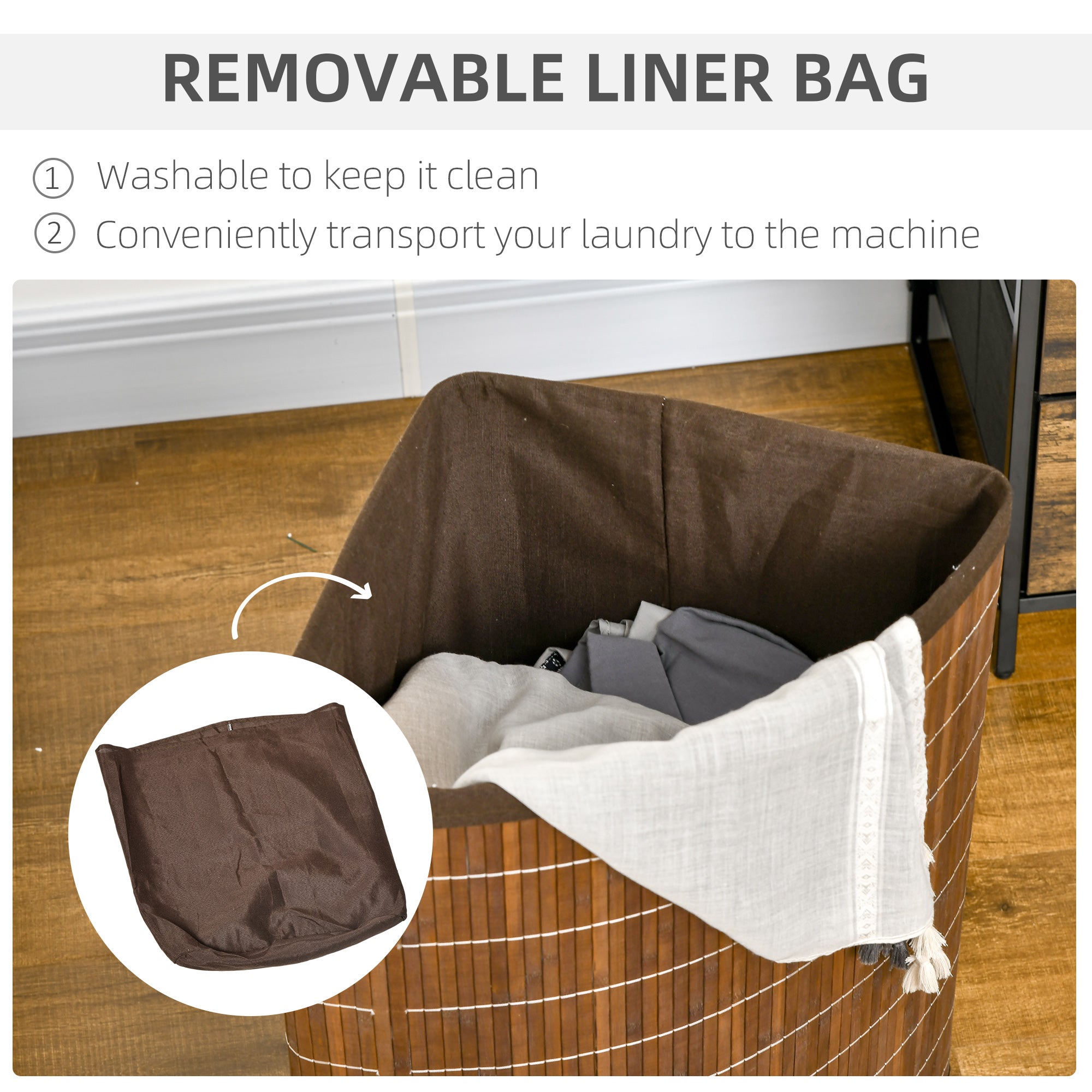 Bamboo Laundry Basket with Lid, 55 Litres Laundry Hamper with Removable Washable Lining, Corner Washing Baskets, 38 x 38 x 57cm, Brown