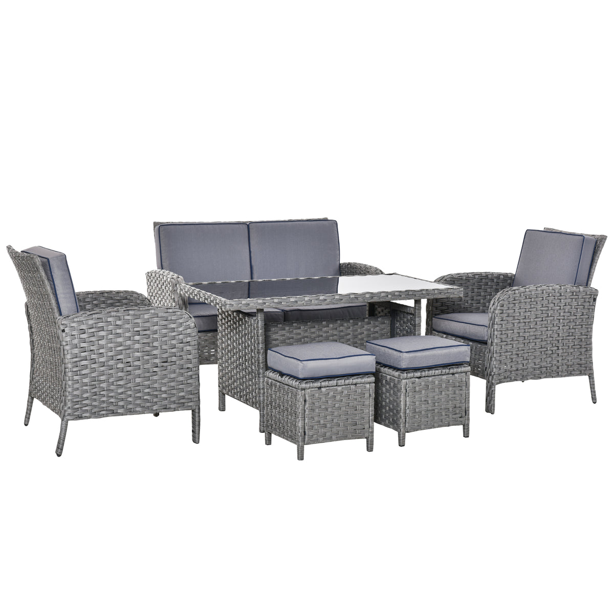 Kozy 6 Pieces Rattan Garden Furniture Set, 6 Seater Garden Sofa Set with Glass Top Dining Table, Loveseat, 2 Armchairs and Ottomans, Wicker Outdoor Conservatory Furniture for Patio, Grey