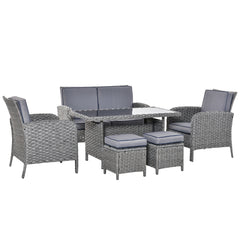Kozy 6 Pieces Rattan Garden Furniture Set, 6 Seater Garden Sofa Set with Glass Top Dining Table, Loveseat, 2 Armchairs and Ottomans, Wicker Outdoor Conservatory Furniture for Patio, Grey