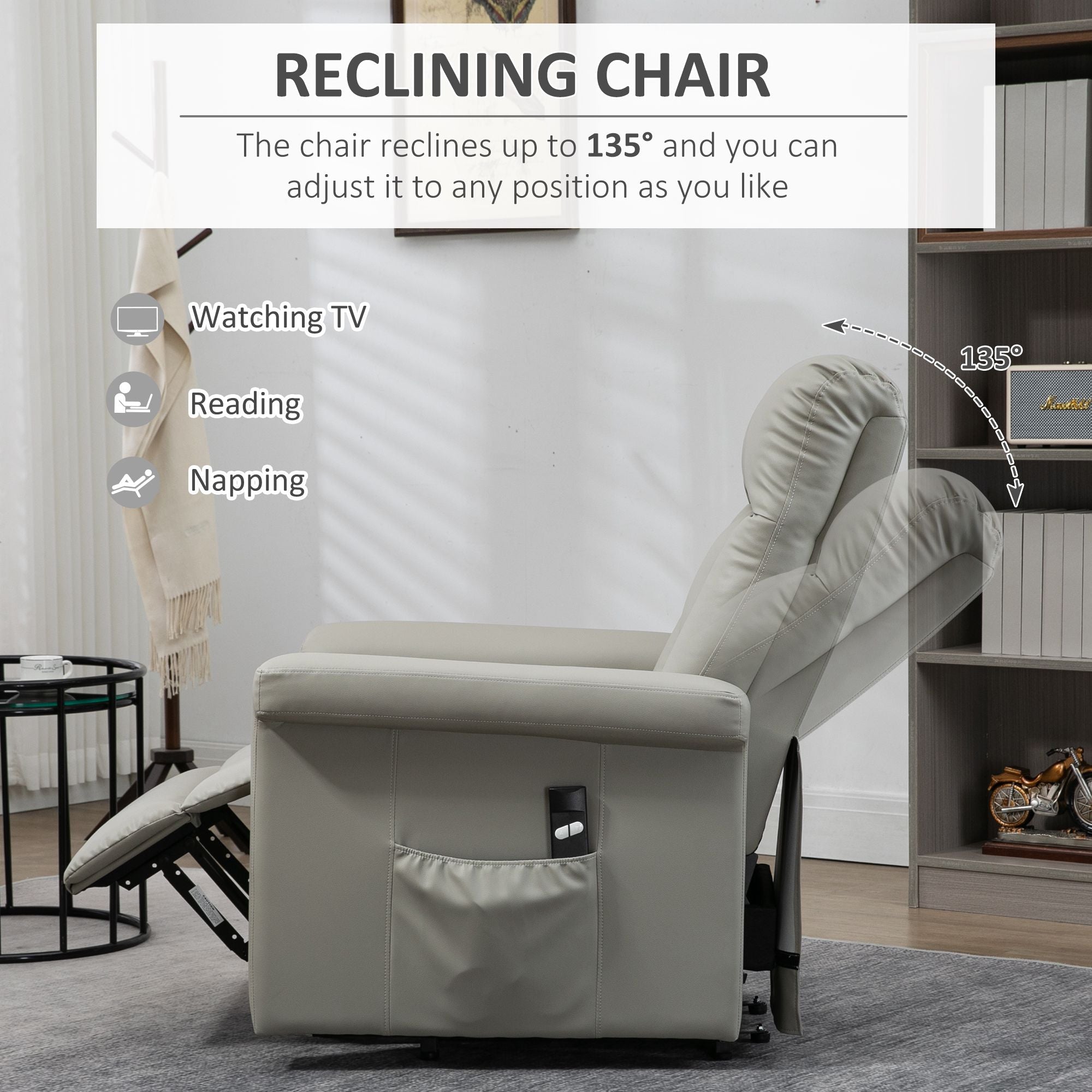 HOMCOM Power Lift Chair, PU Leather Recliner Sofa Chair for Elderly with Remote Control, Side Pocket, Grey | Aosom UK