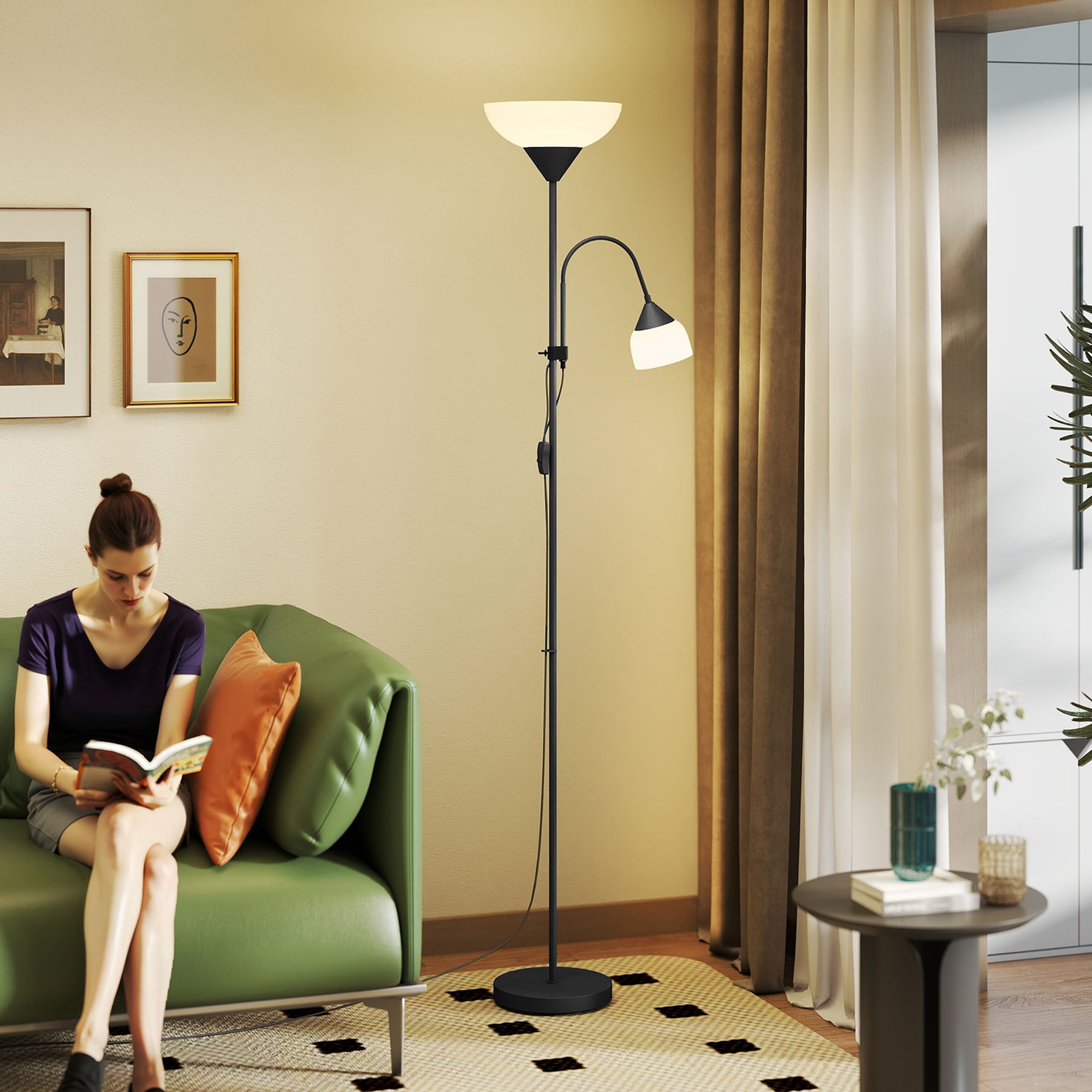 Kozy - LED Floor Lamp for Living Room, 180cm Tall Standing Lamp, Mother and Child Uplighter with Adjustable Gooseneck, Black