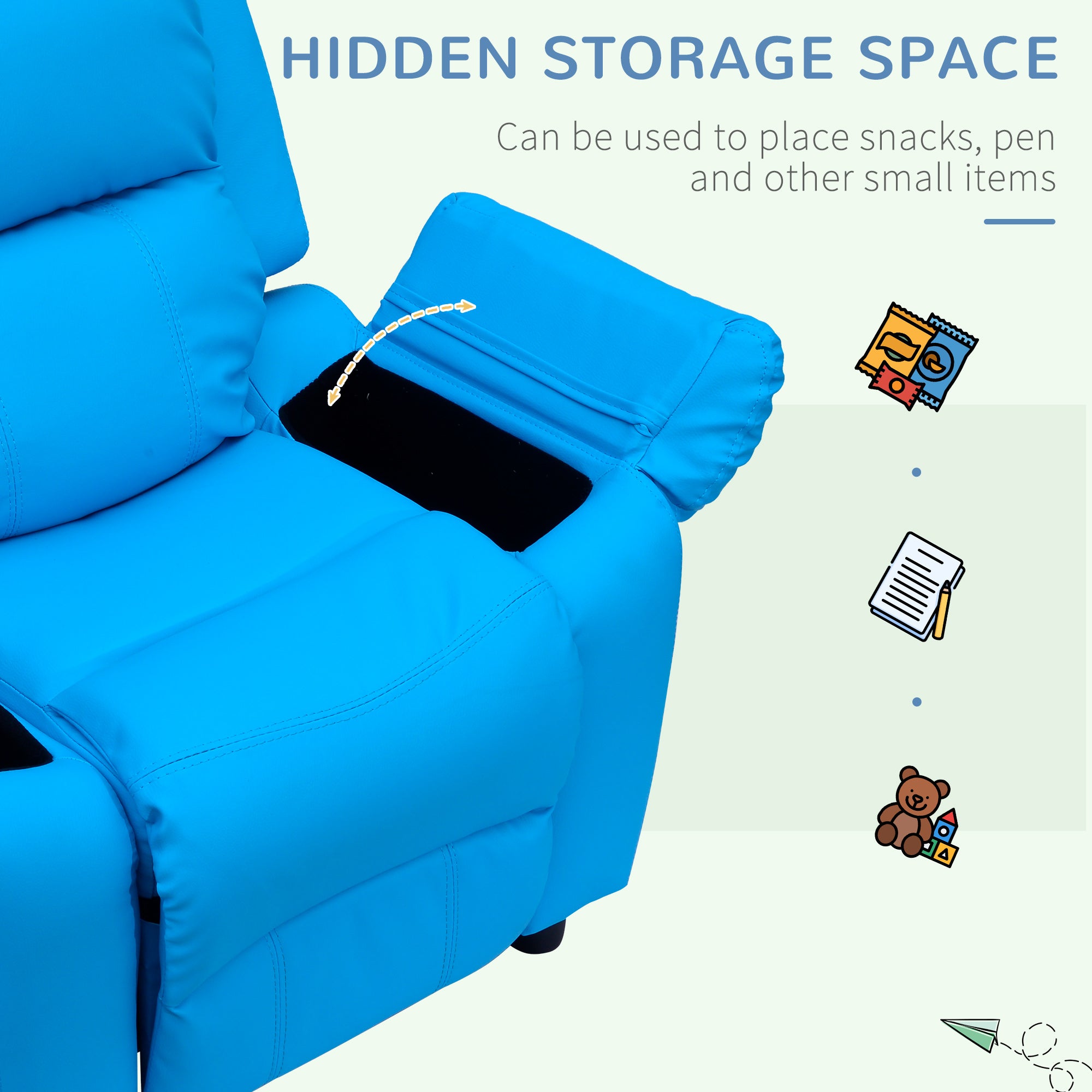 Kozy Kids Children Recliner Lounger Armchair Games Chair Sofa Seat PU Leather Look w/ Storage Space on Arms (Blue)