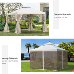 Outsunny Garden Gazebo with Double Top, 300x300cm, Outdoor Canopy Patio Event Party Tent, Backyard Sun Shade, Mesh Curtain, Beige