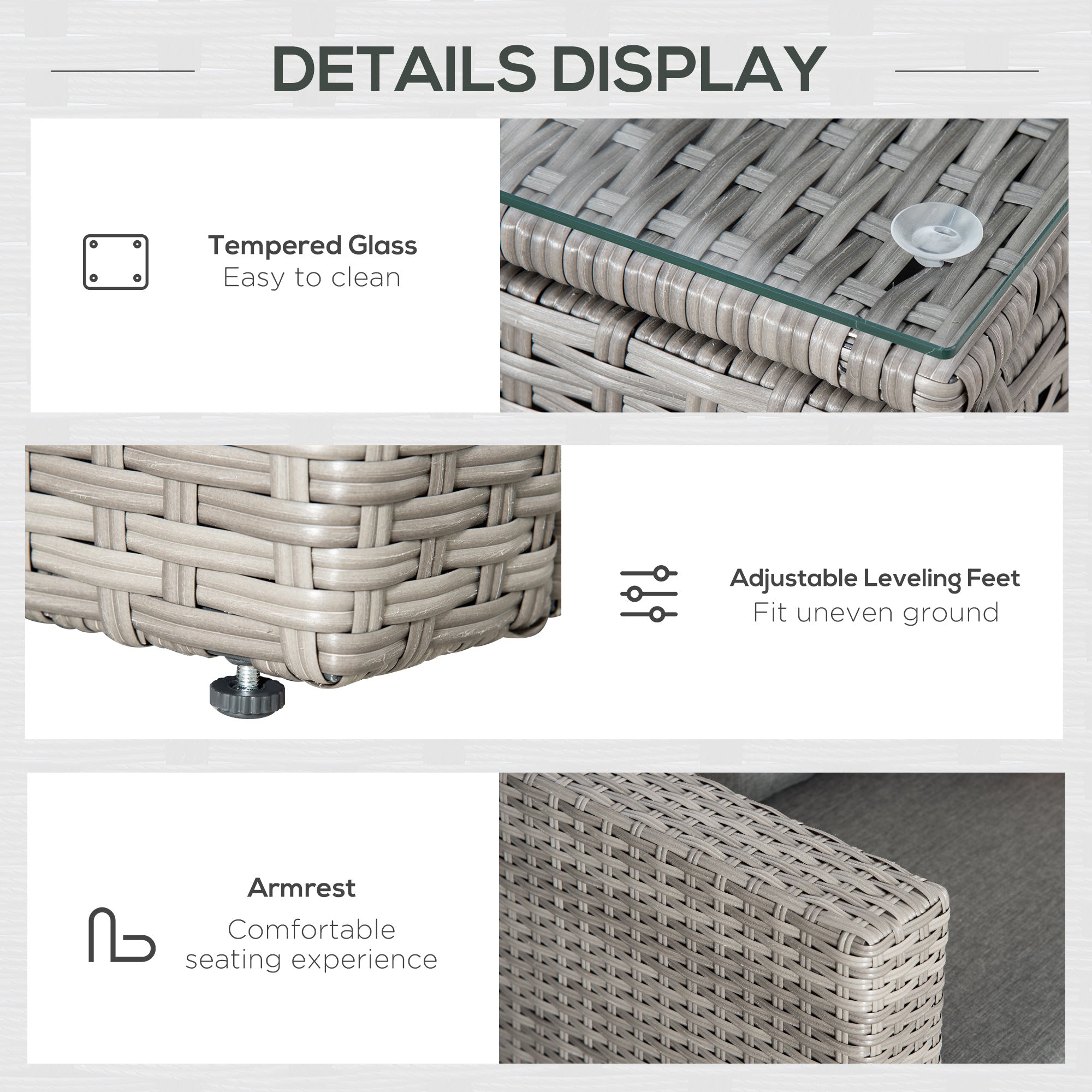 Kozy 3 Pieces Outdoor PE Rattan Sofa Set, Patio Wicker Conversation Chaise Lounge Furniture w/ Tempered Glass Table-top & Soft Padded Cushion for Garden, Backyard, Lawn, Grey