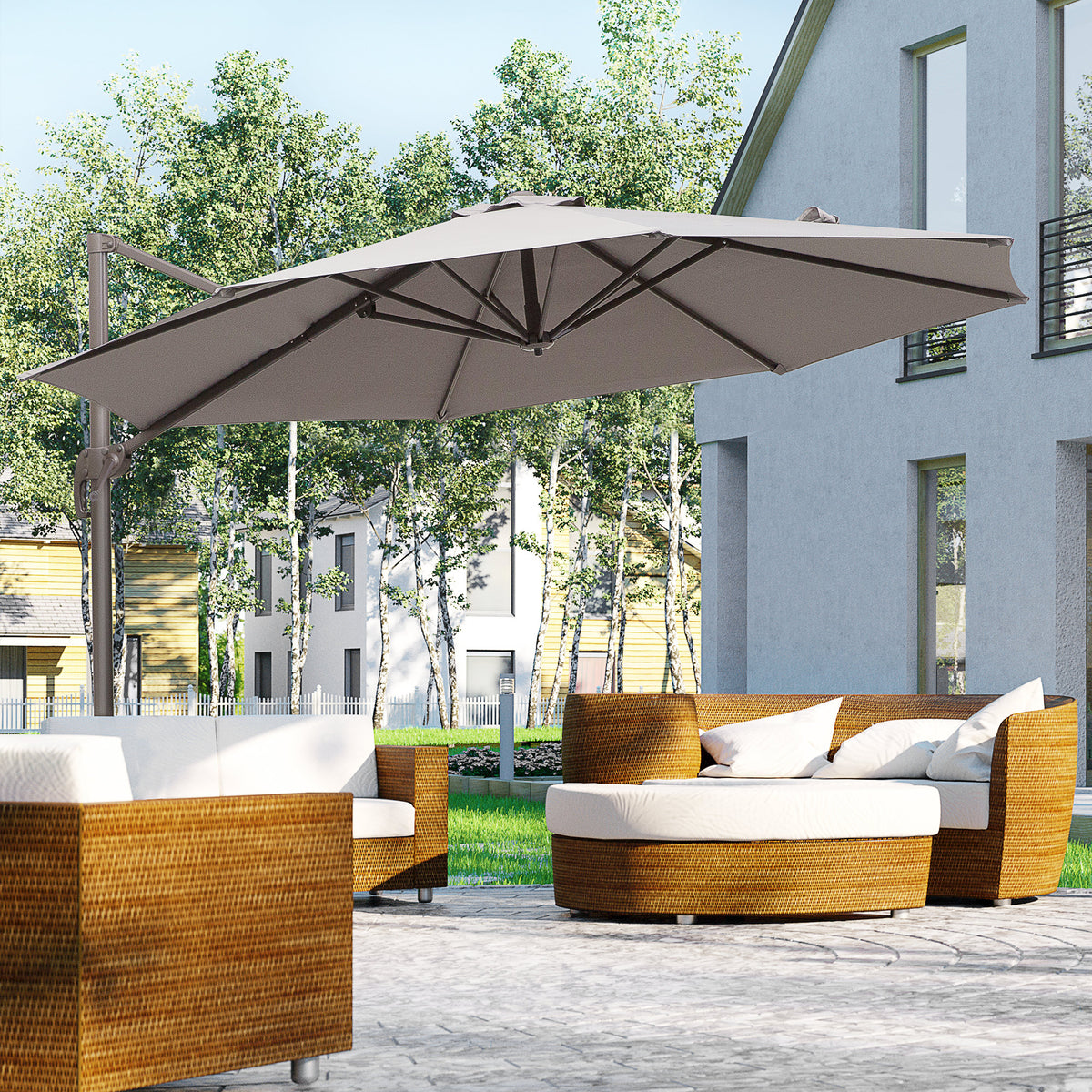 Outsunny 3M Roma Umbrella Sun Shade Cantilever Hanging Parasol w/ Cross Base Hand Crank Aluminium Frame 360°Rotation