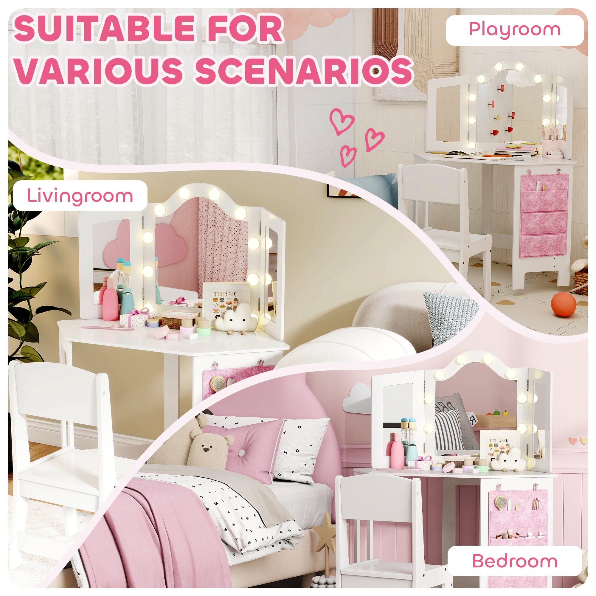 Kozy Kids Dressing Table and Stool Set, Girls Vanity Table with 2-Colour LED Lights, Tri-Folding Mirror, White