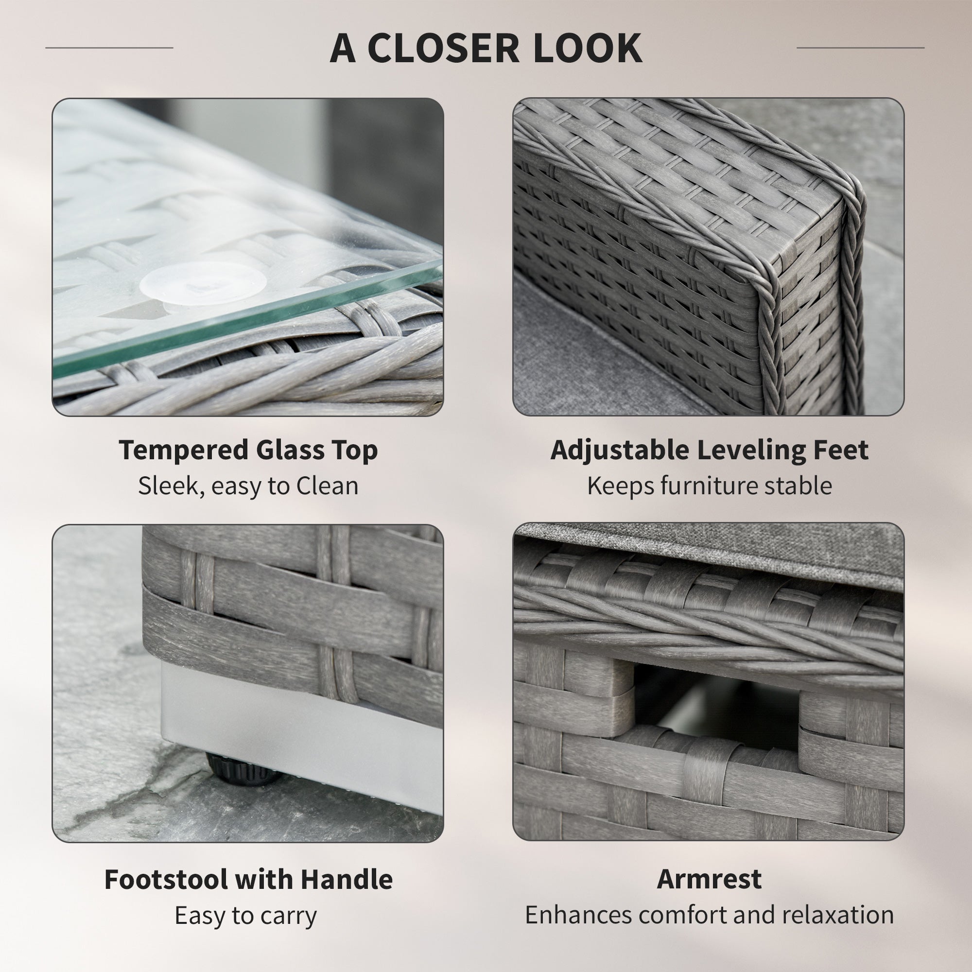 Kozy 6 Pieces Outdoor PE Rattan Wicker Corner Sofa Set with 10cm Thick Padded Cushions, Aluminium Conservatory Furniture with Glass Top Coffee Table, Footstools, Grey