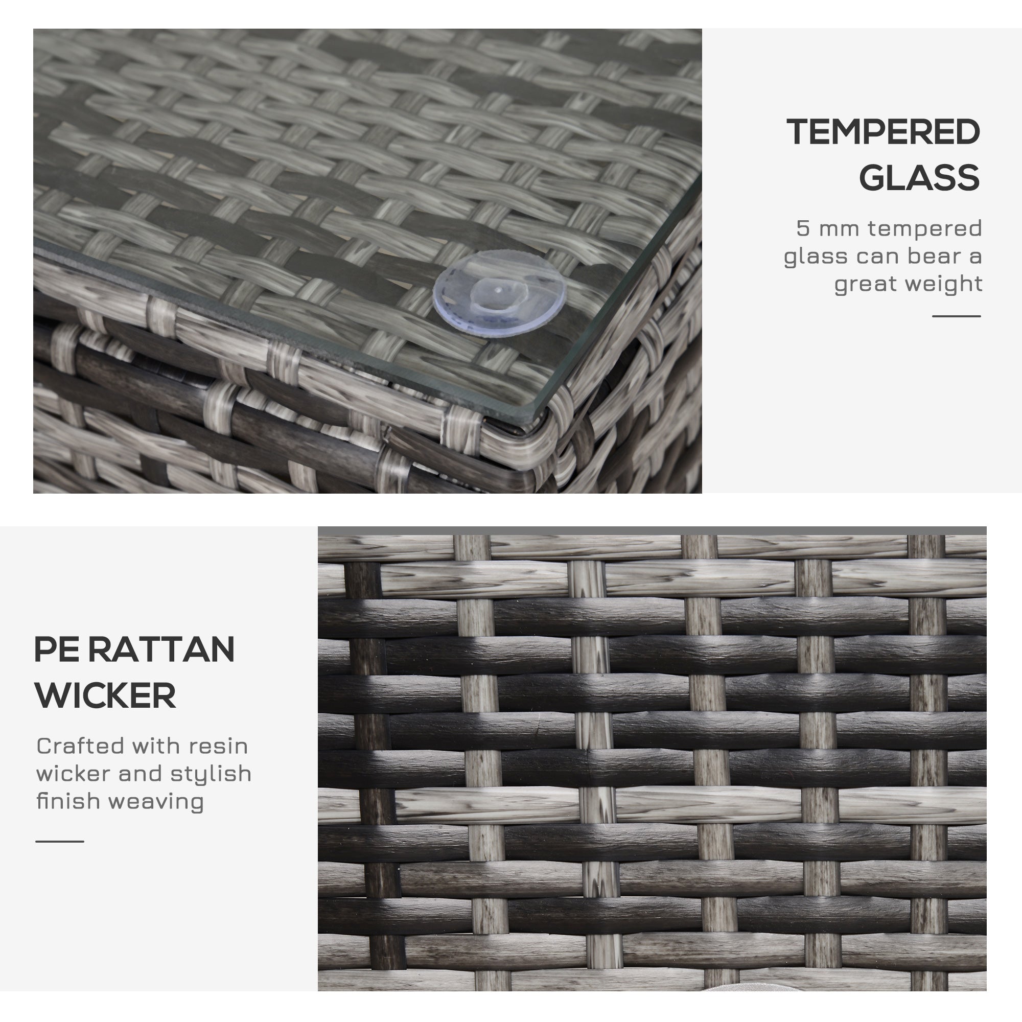 Kozy PE Rattan Garden Coffee Table, with Glass Table Top - Grey