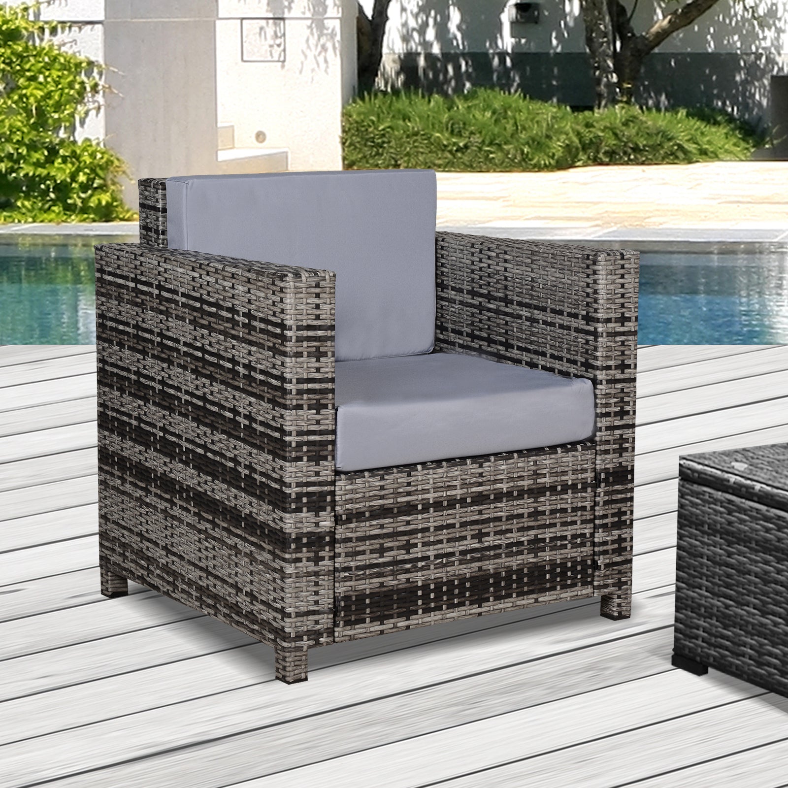 Kozy Rattan Garden Armchair 10cm Cushion Outdoor Single Chair with Steel Frame, Grey