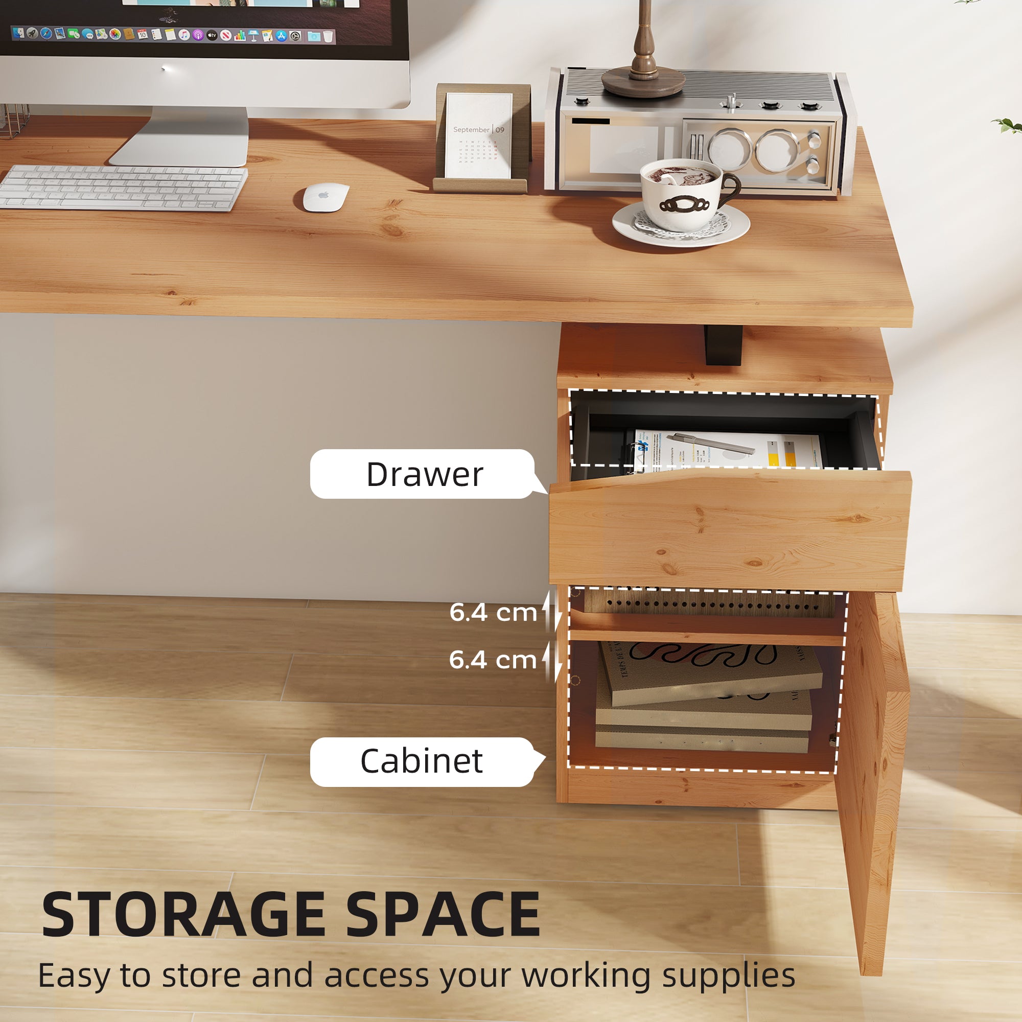 Kozy Computer Desk, Writing Desk with Cabinet, Drawer, Metal Legs, Work Table for Home Office Study, Natural Wood Finish