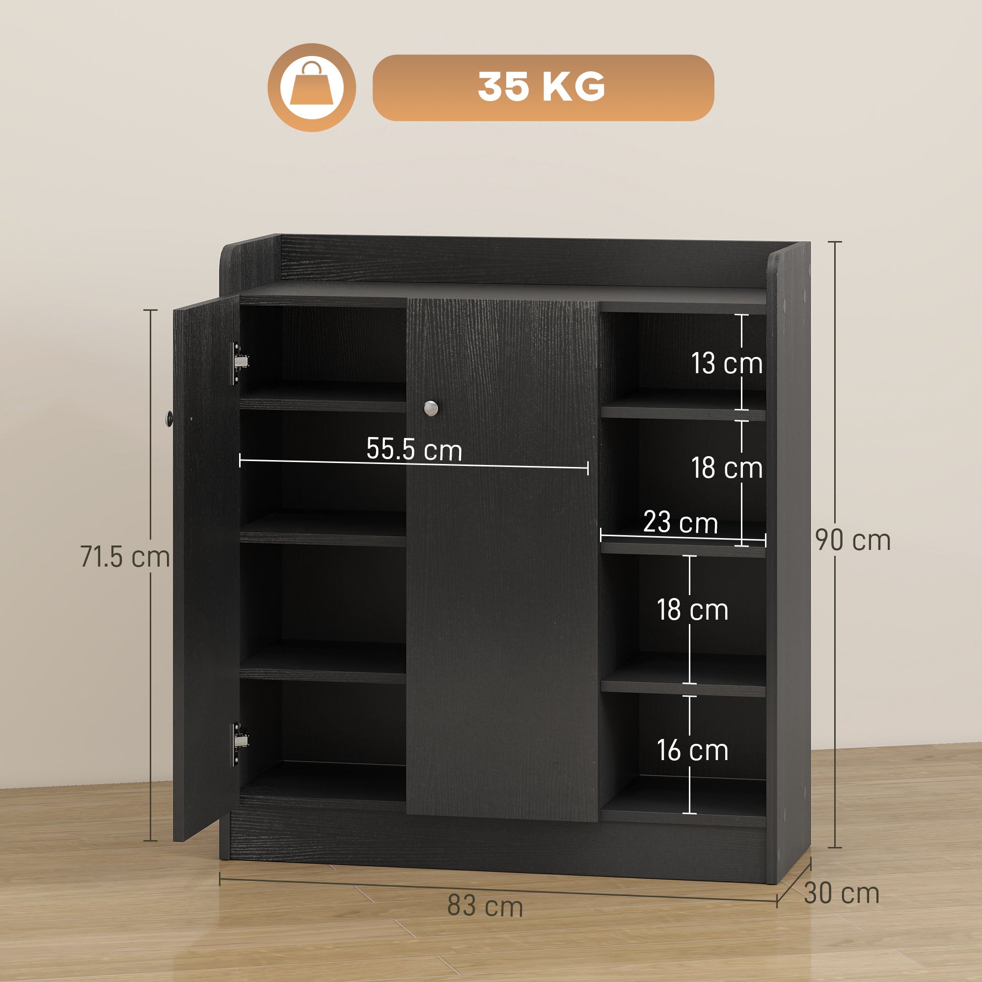 Kozy Shoe Storage Cabinet with Adjustable Shelves - Black