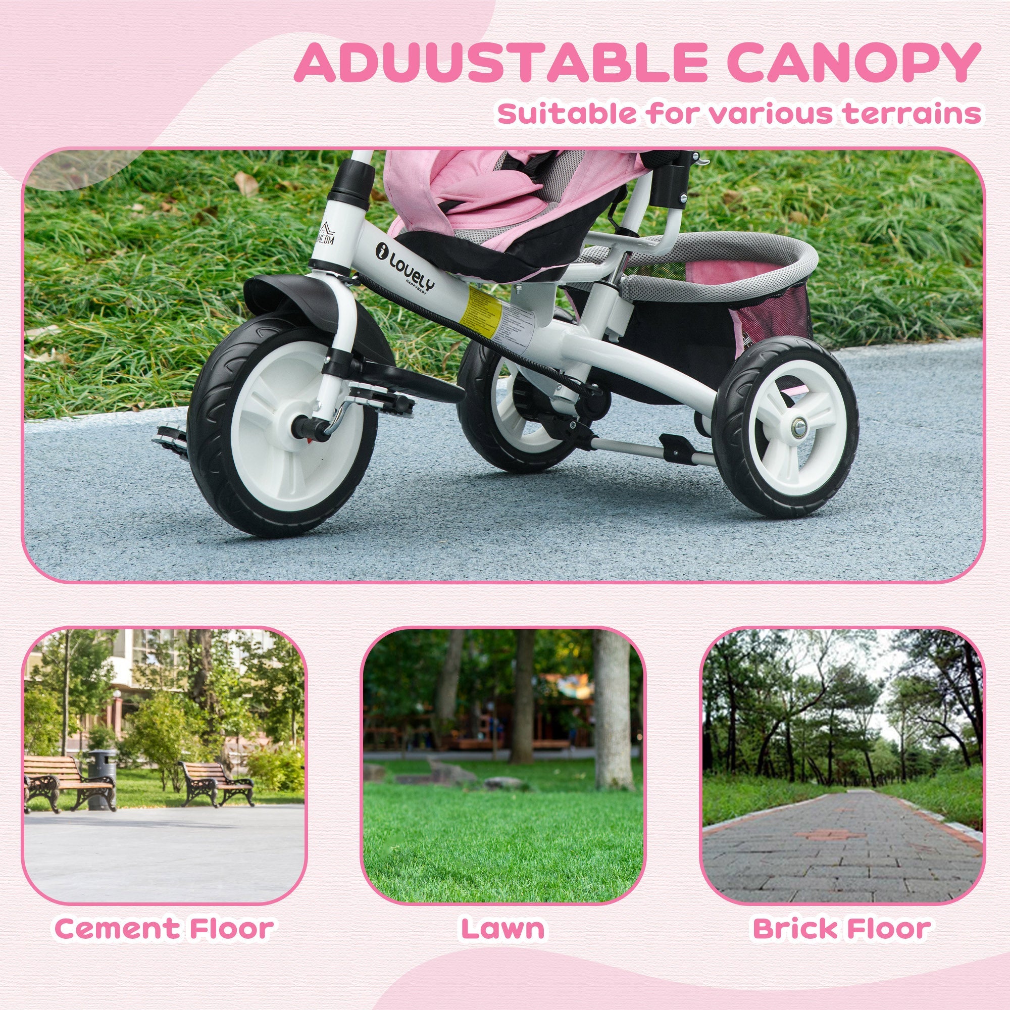 HOMCOM 4 in 1 Kids Trike Push Bike w/ Push Handle, Canopy, 5-point Safety Belt, Storage, Footrest, Brake, for 1-5 Years, Pink | Aosom UK