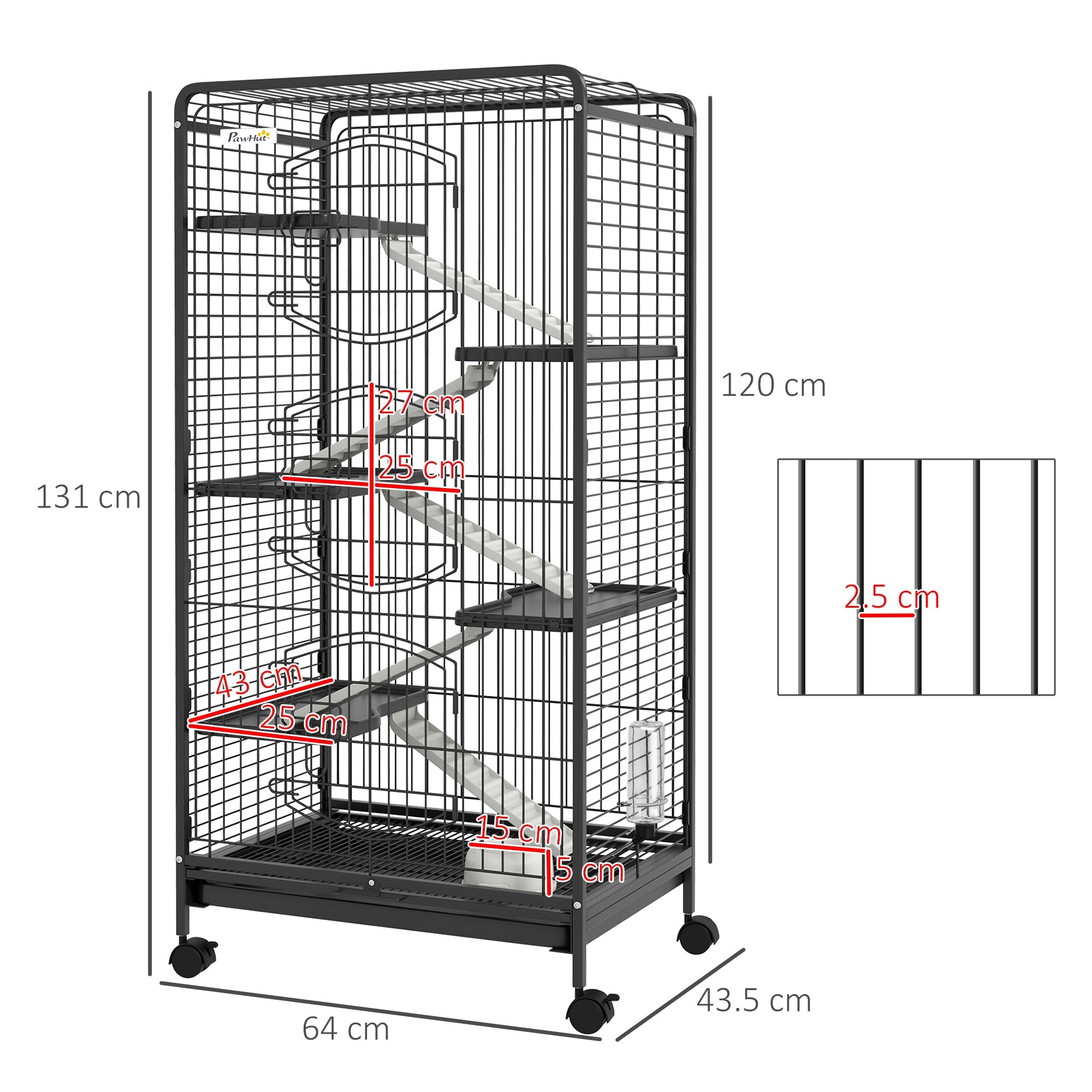 PawHut Five-Level Tall Small Animal Cage, Removable Platforms, Easy Clean, 131cm, Black | Aosom UK