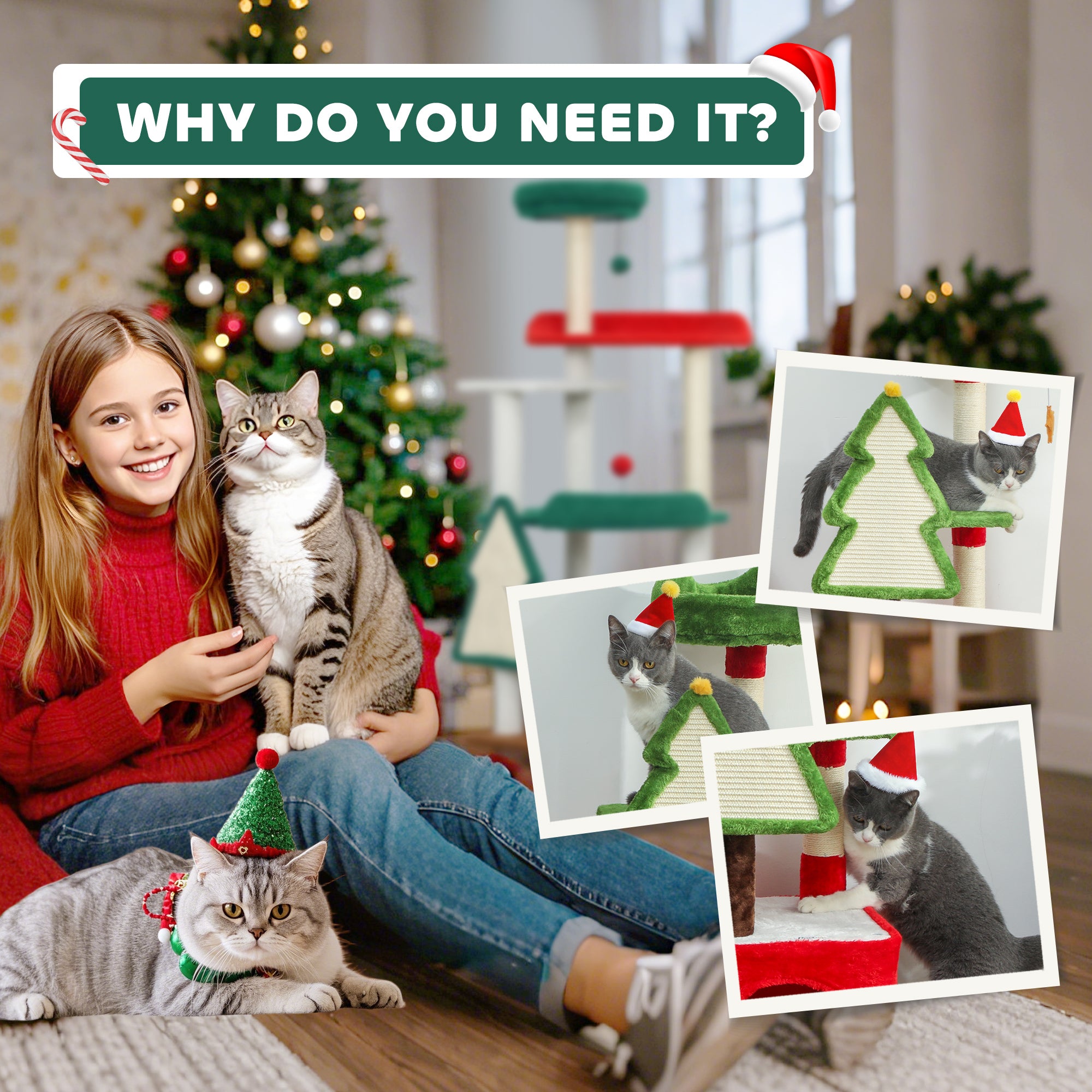 Kozy - Christmas Cat Tree, 120cm Cat Tower with Scratching Post & Board, Platform, Toys, Green